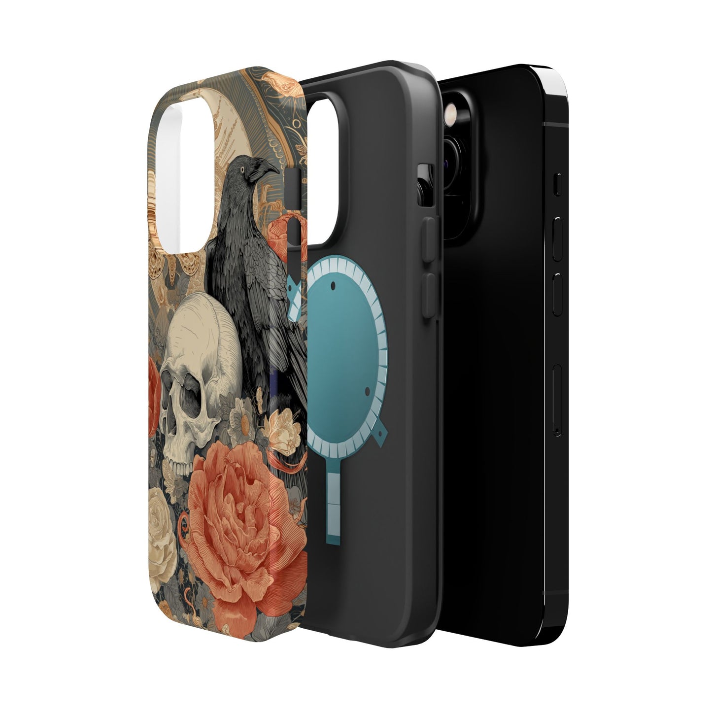 Gothic Skull, Rose & Raven Magnetic Phone Case – Dark Aesthetic Occult Cover, Witchy Horror, Halloween iPhone Case