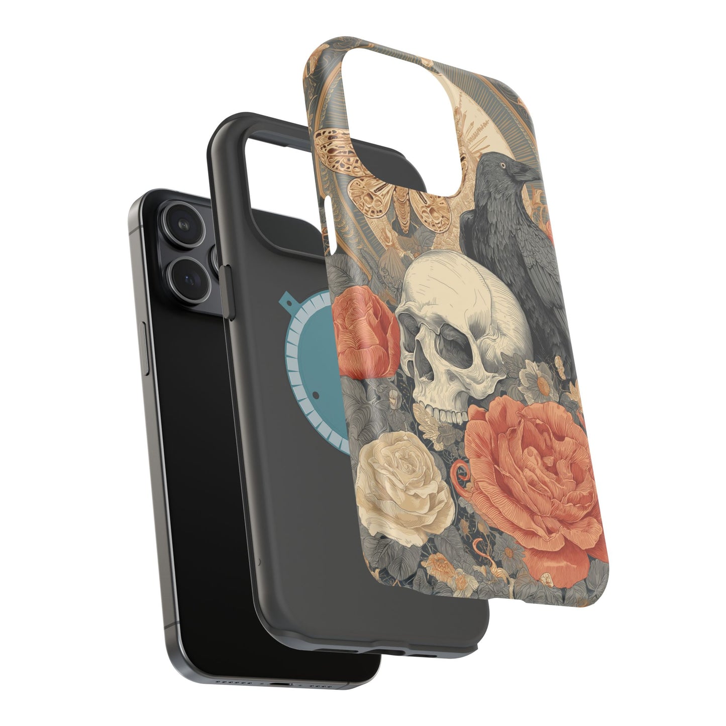 Gothic Skull, Rose & Raven Magnetic Phone Case – Dark Aesthetic Occult Cover, Witchy Horror, Halloween iPhone Case