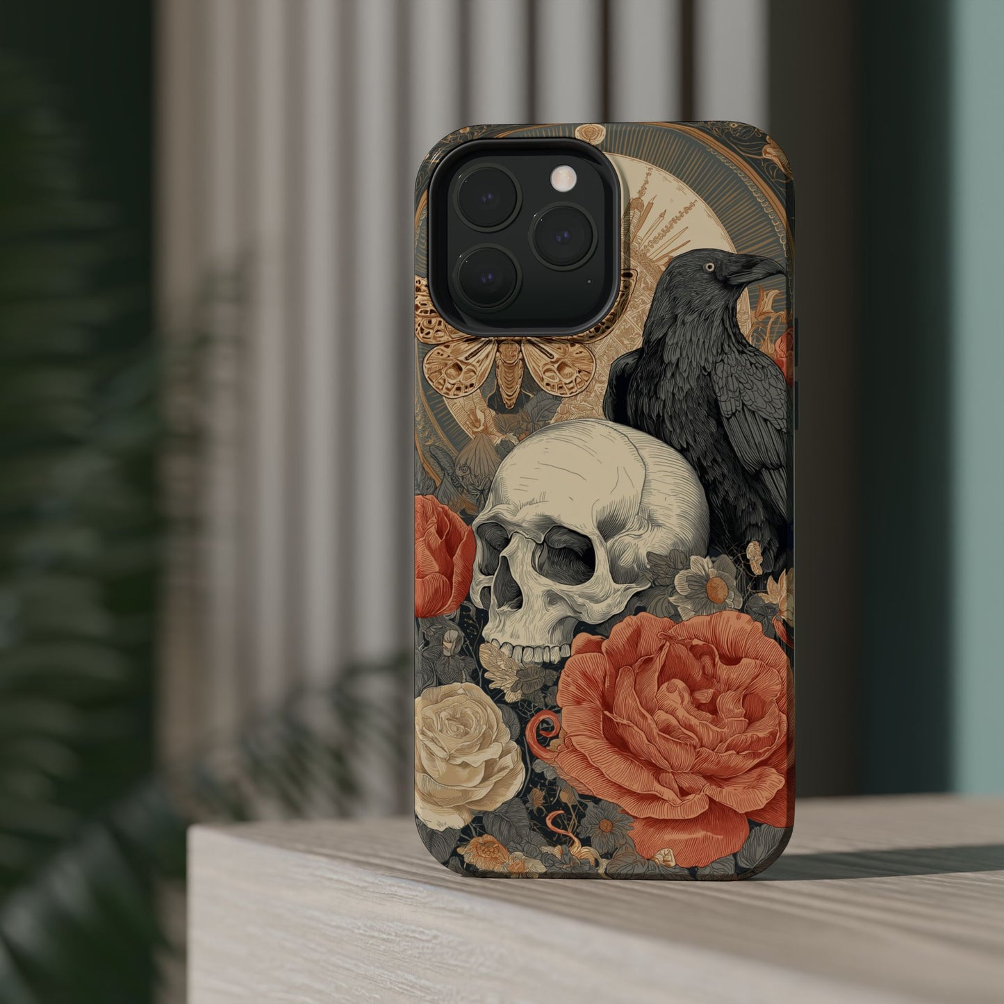 Gothic Skull, Rose & Raven Magnetic Phone Case – Dark Aesthetic Occult Cover, Witchy Horror, Halloween iPhone Case