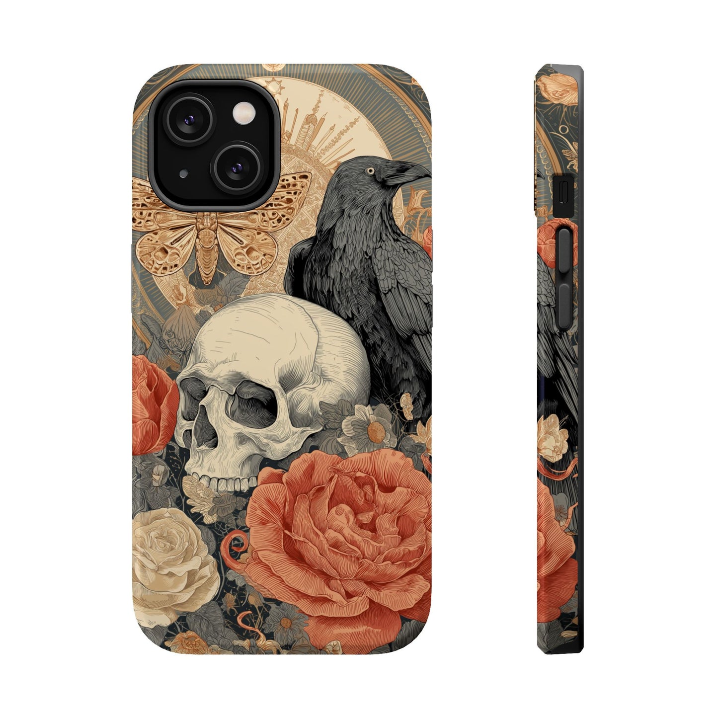 Dark aesthetic phone case featuring skull, rose, and raven artwork