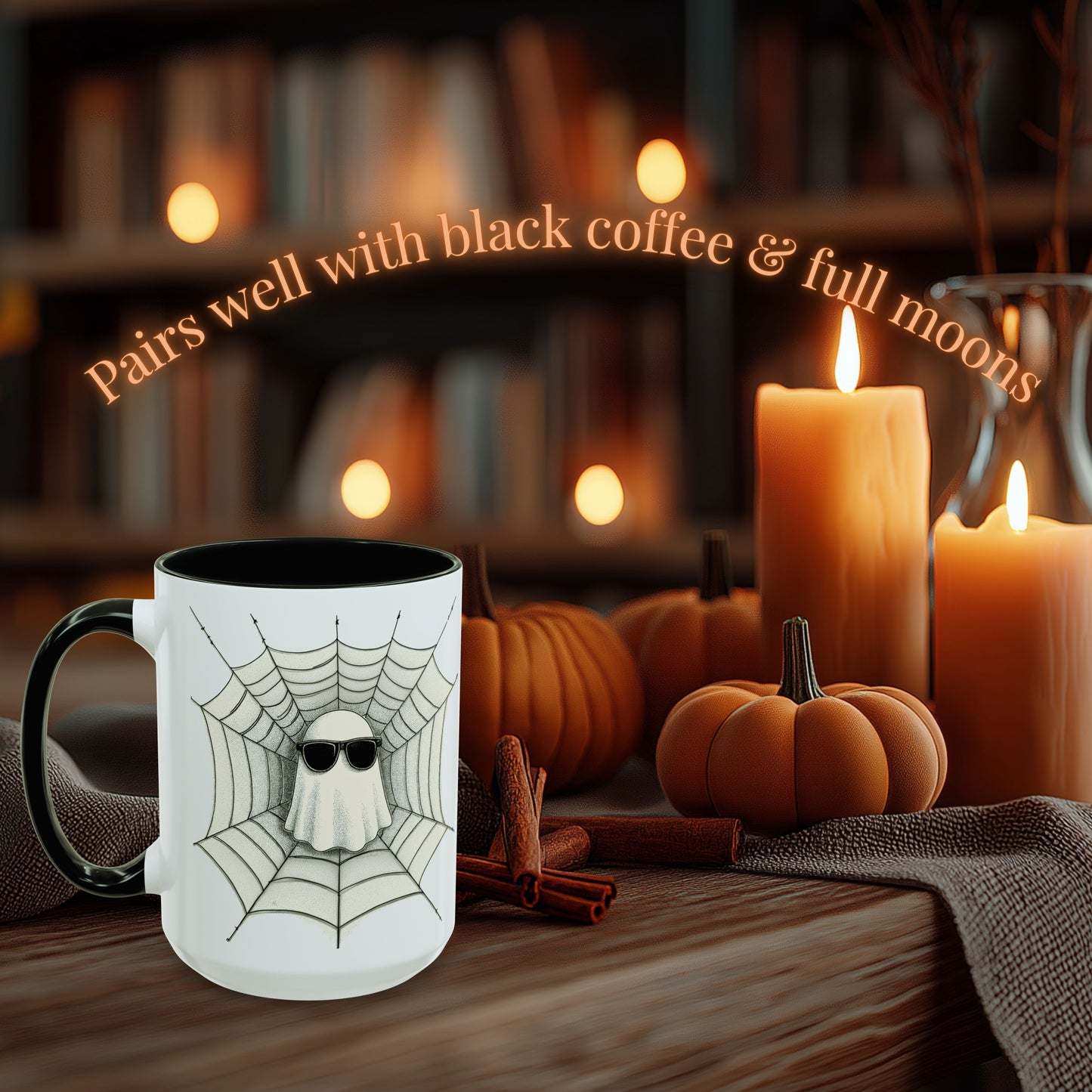 Retro Ghost Mug – Fun Spooky Season Coffee Cup, Halloween Spiderweb Design, 11oz & 15oz