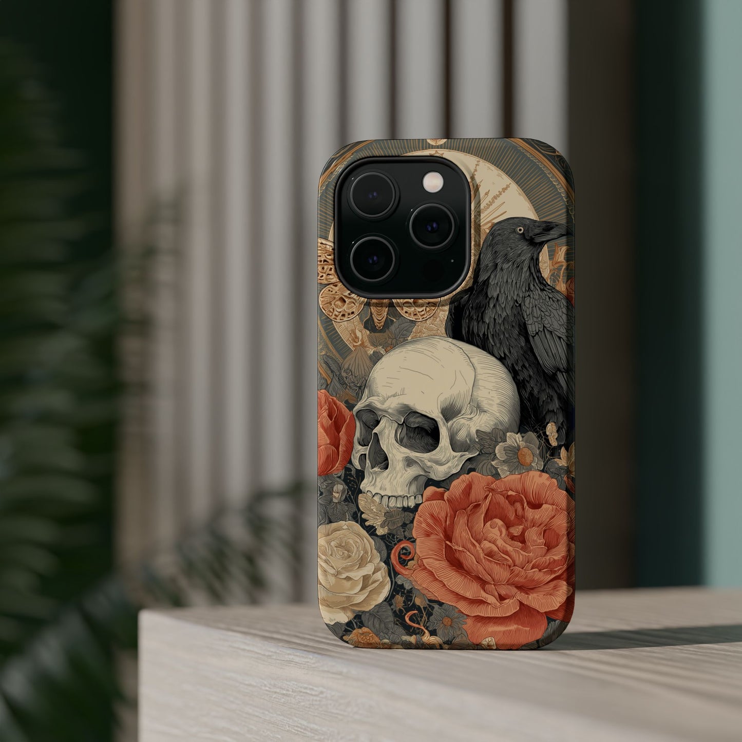 Gothic Skull, Rose & Raven Magnetic Phone Case – Dark Aesthetic Occult Cover, Witchy Horror, Halloween iPhone Case
