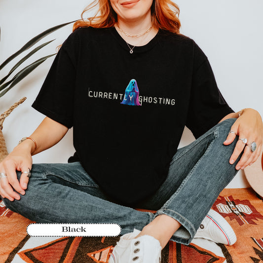 Currently Ghosting Tee – Funny Ghost Shirt for Introverts – Pastel Ghost with Phone – Spooky Cute Halloween Top