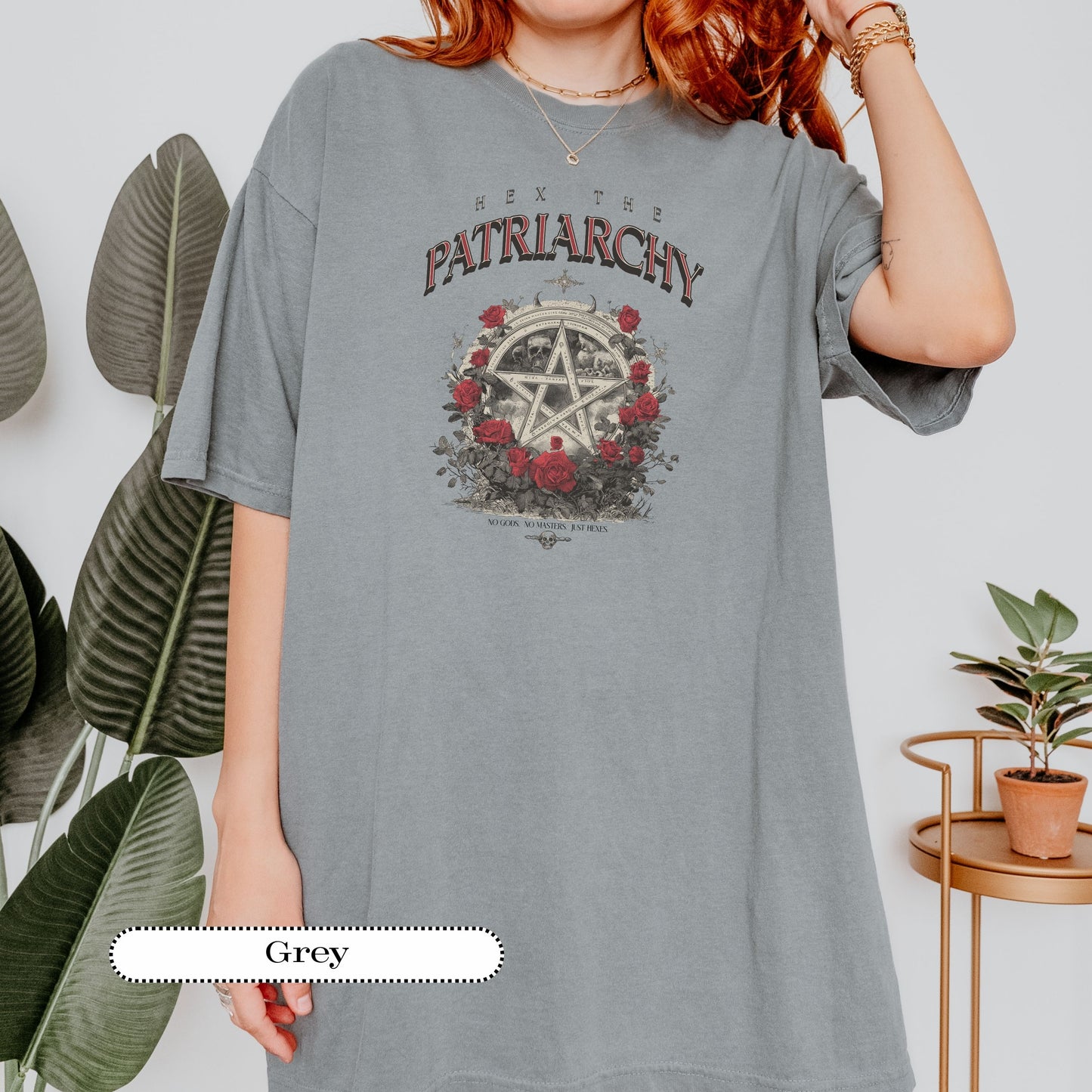 Close-up of anti-patriarchy graphic print on Comfort Colors 1717 shirt