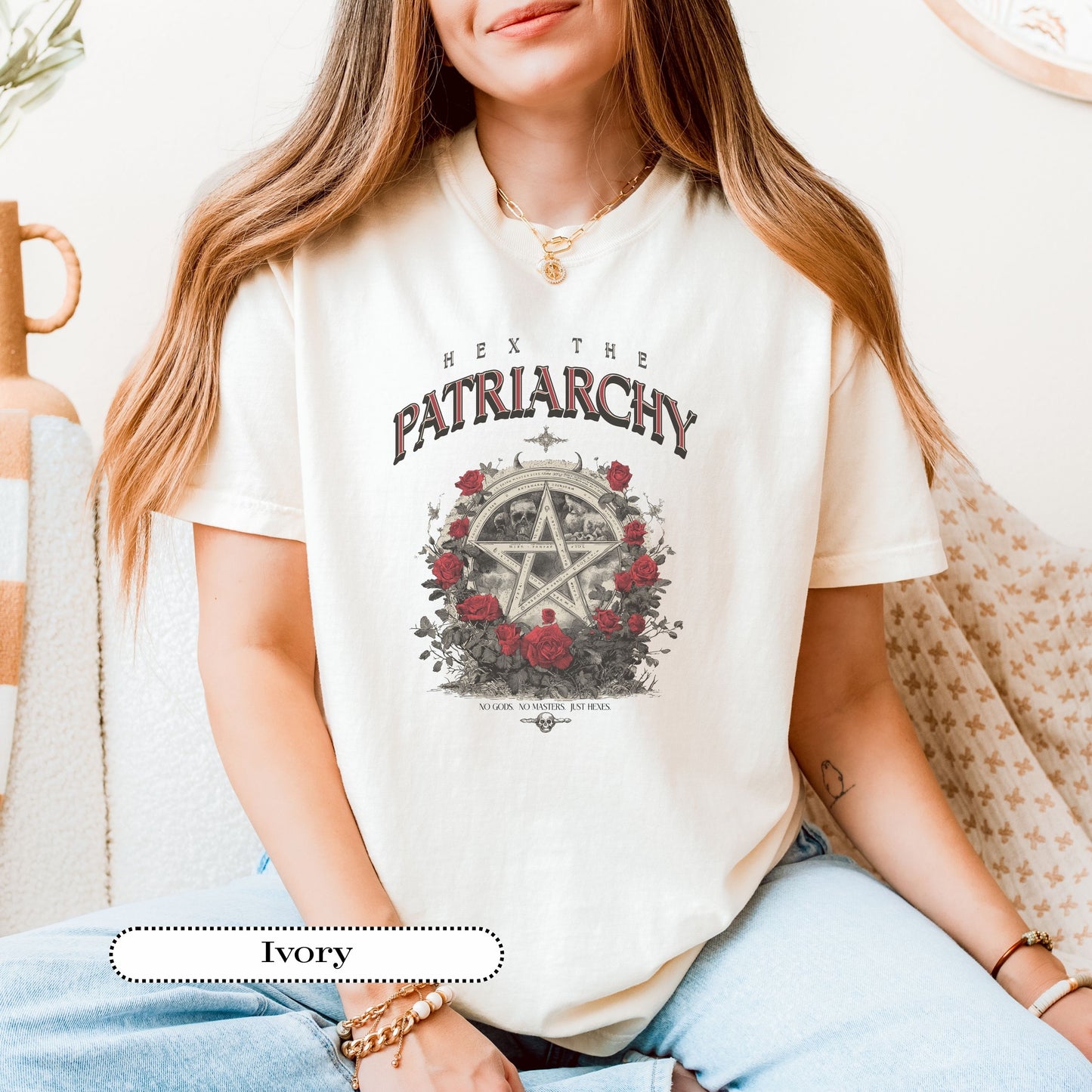 Witchcore feminist shirt styled flat lay with gothic roses and pentagram design