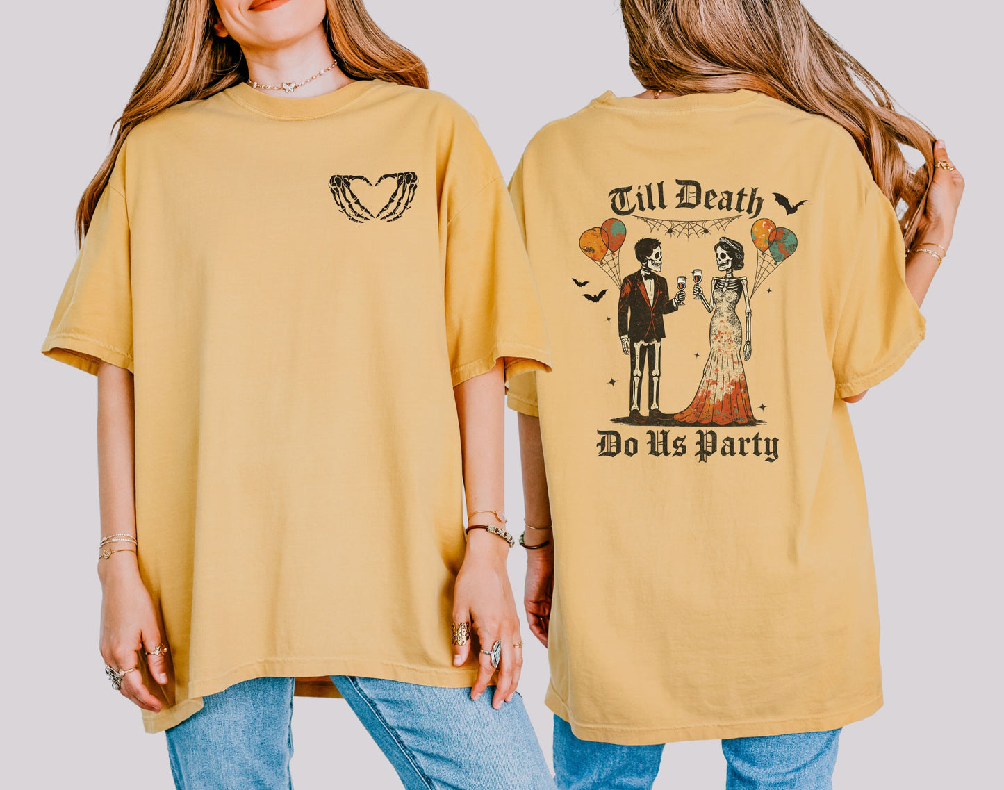 Spooky honeymoon shirt – Till Death Do Us Party skeletons with balloons