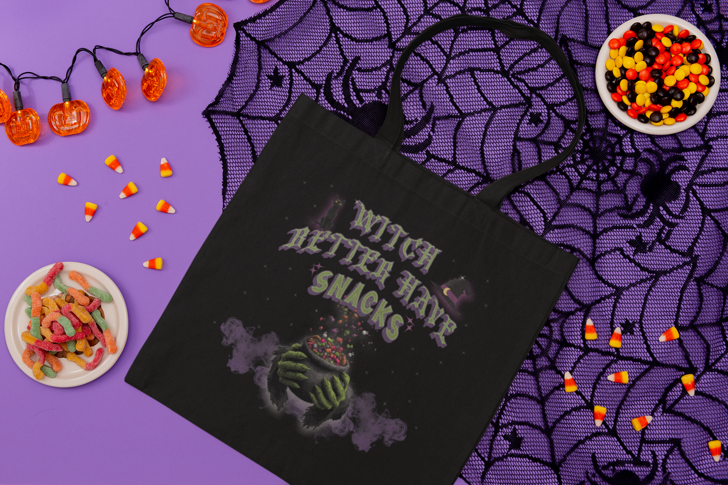Black tote bag with “Witch Better Have Snacks” text and cauldron graphic