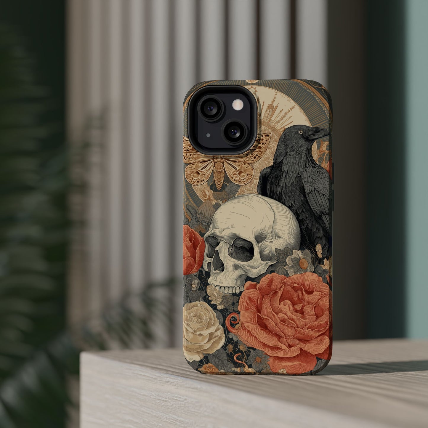 Gothic Skull, Rose & Raven Magnetic Phone Case – Dark Aesthetic Occult Cover, Witchy Horror, Halloween iPhone Case
