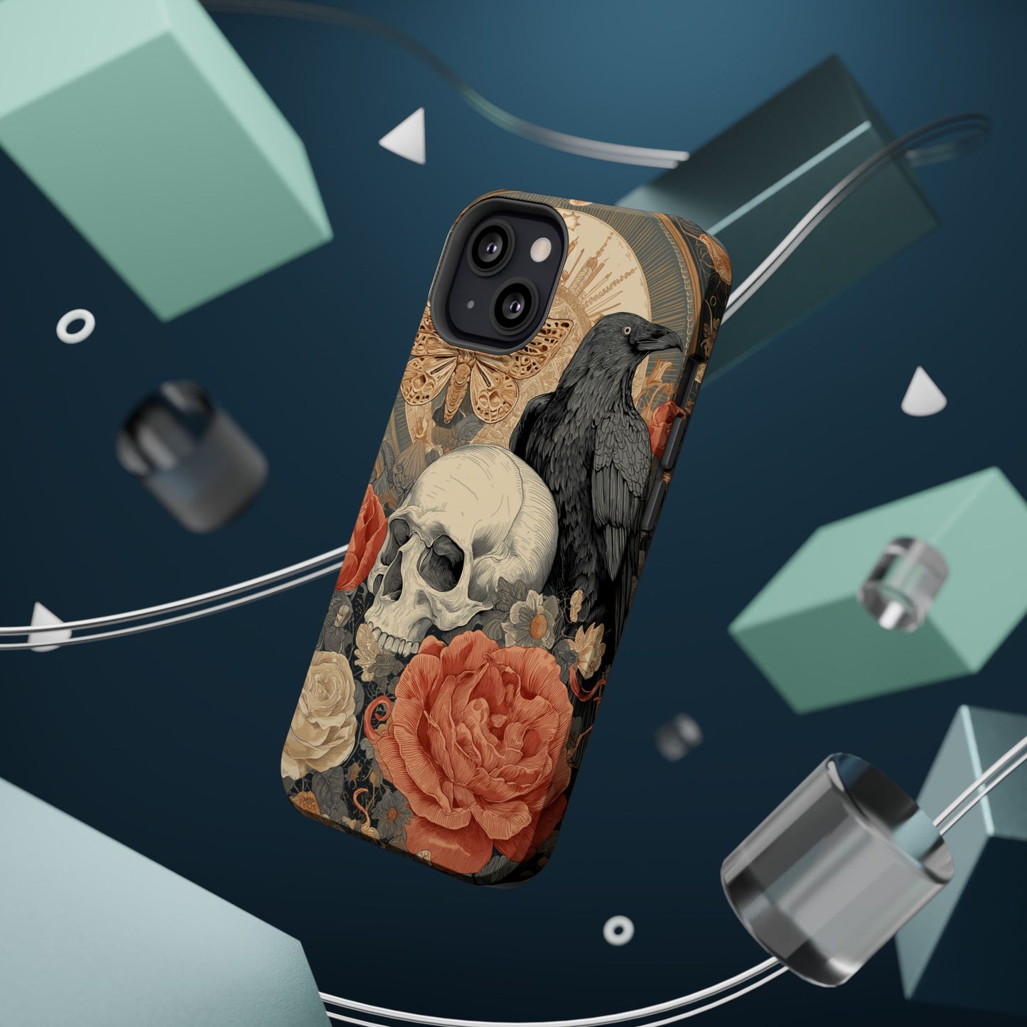 Gothic Skull, Rose & Raven Magnetic Phone Case – Dark Aesthetic Occult Cover, Witchy Horror, Halloween iPhone Case