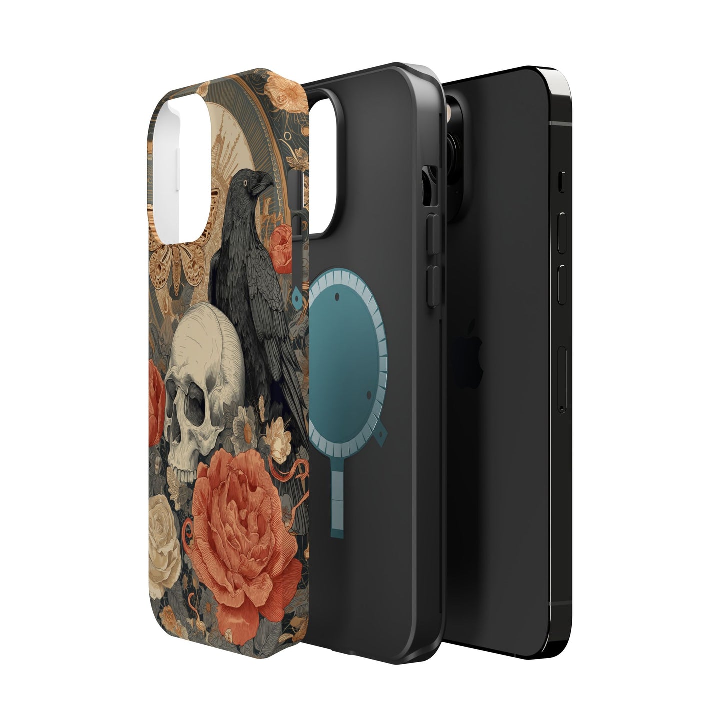 Gothic Skull, Rose & Raven Magnetic Phone Case – Dark Aesthetic Occult Cover, Witchy Horror, Halloween iPhone Case