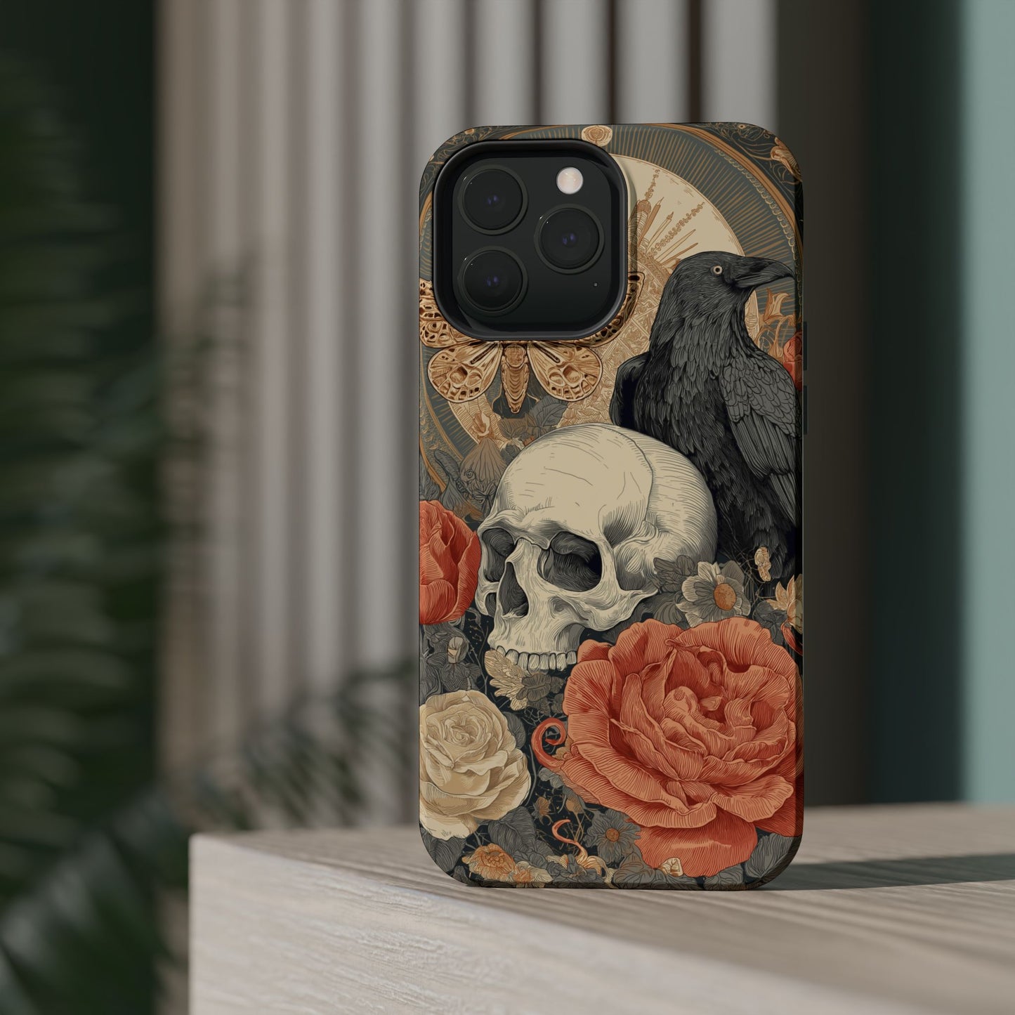 Gothic Skull, Rose & Raven Magnetic Phone Case – Dark Aesthetic Occult Cover, Witchy Horror, Halloween iPhone Case