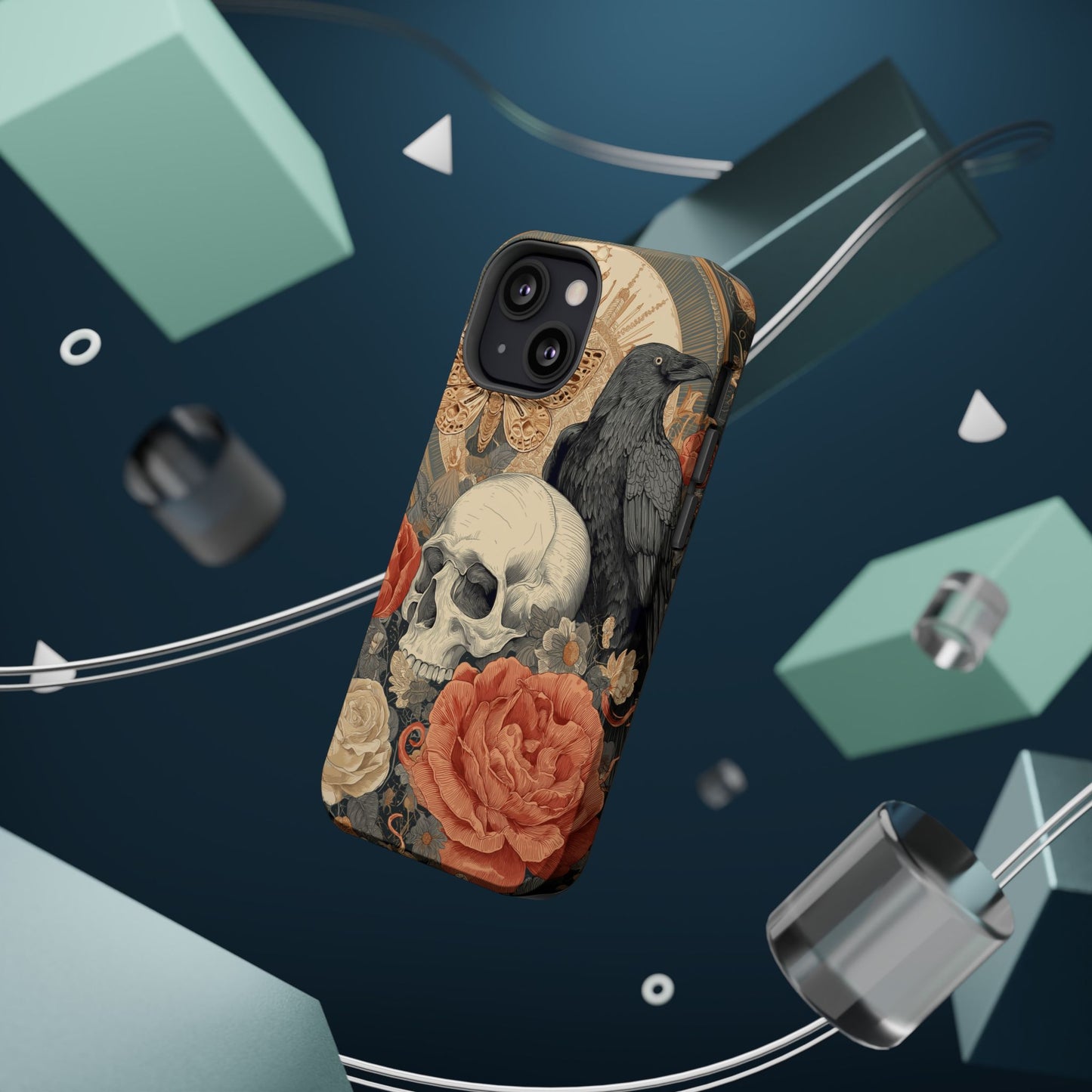 Gothic Skull, Rose & Raven Magnetic Phone Case – Dark Aesthetic Occult Cover, Witchy Horror, Halloween iPhone Case