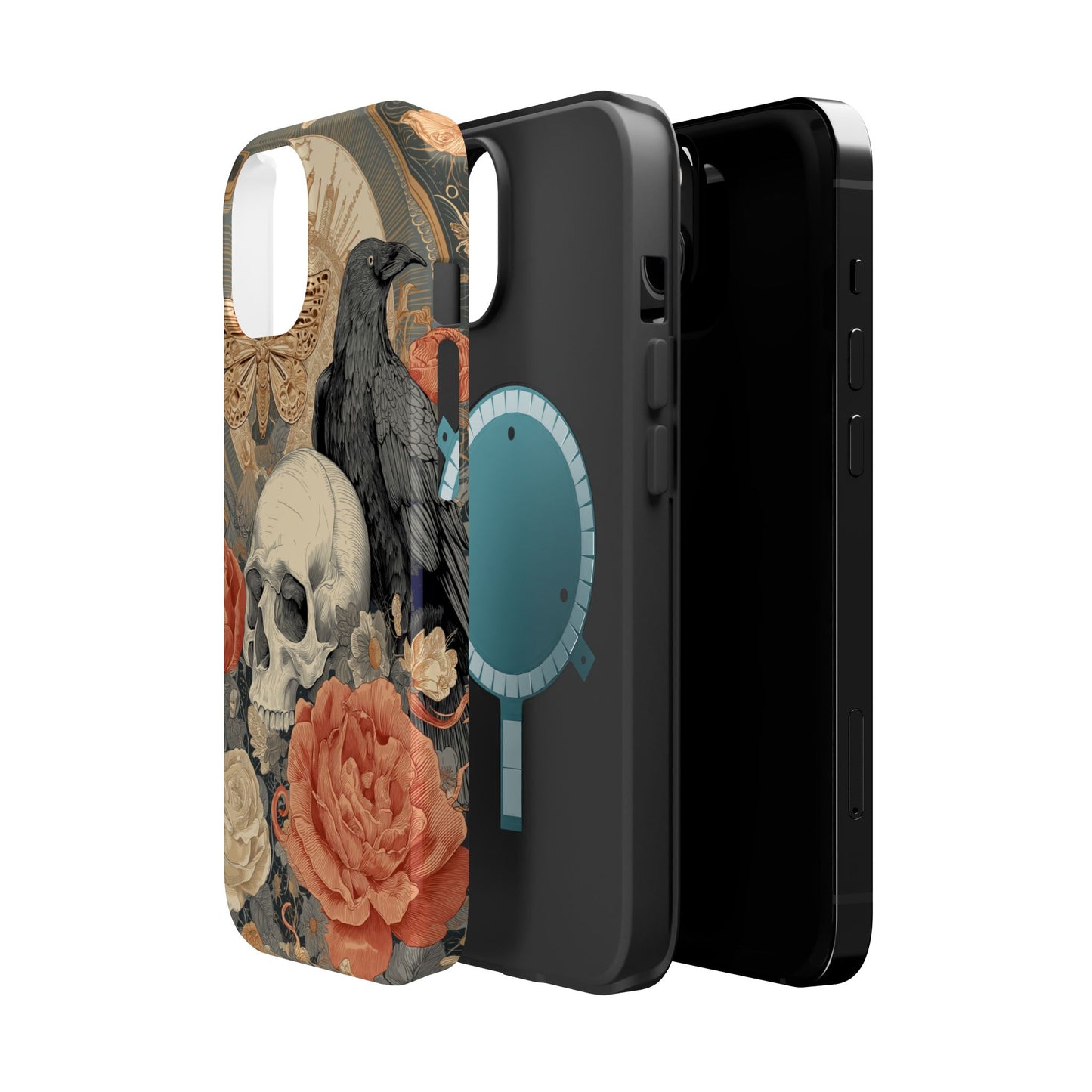 Gothic Skull, Rose & Raven Magnetic Phone Case – Dark Aesthetic Occult Cover, Witchy Horror, Halloween iPhone Case