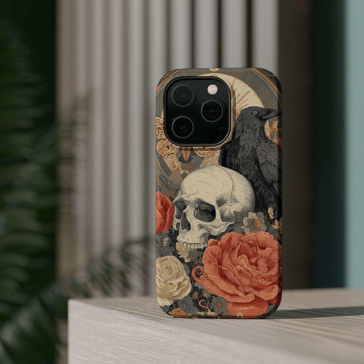 Gothic Skull, Rose & Raven Magnetic Phone Case – Dark Aesthetic Occult Cover, Witchy Horror, Halloween iPhone Case