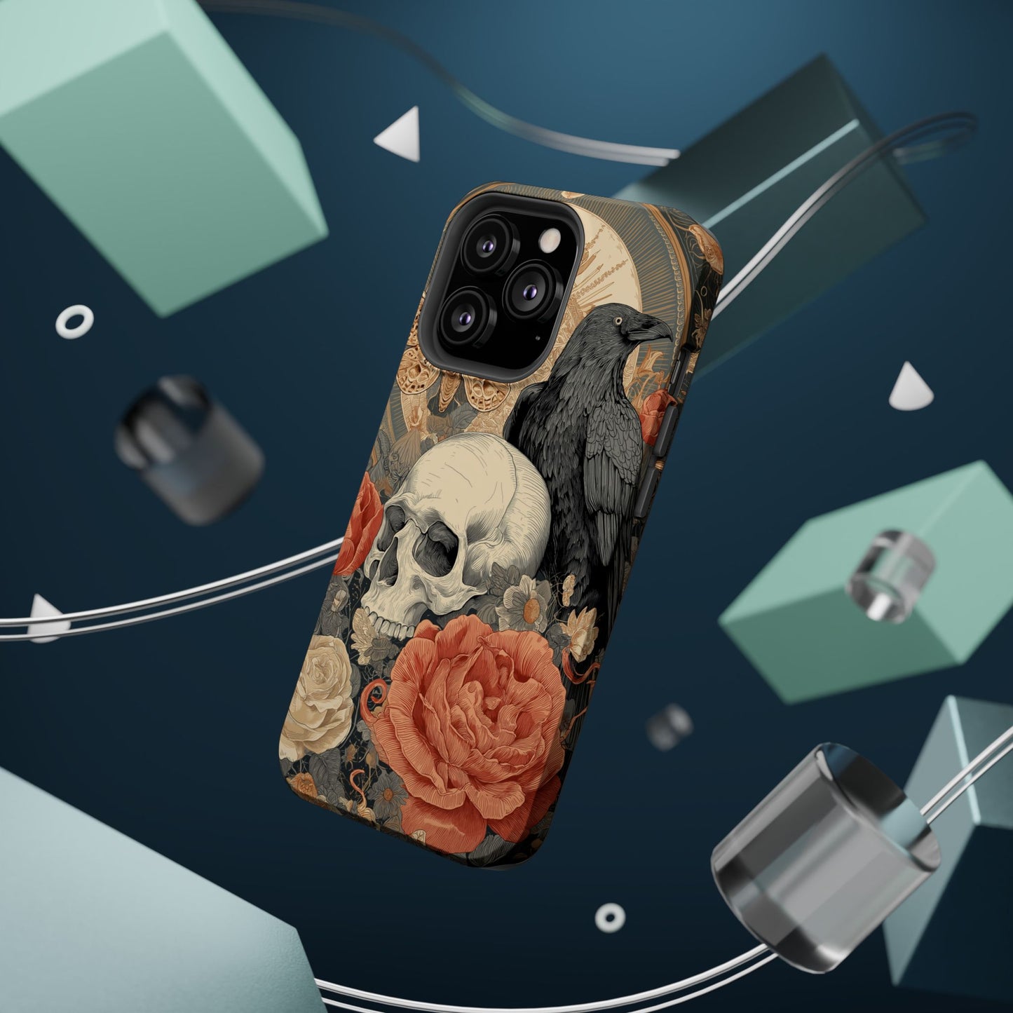 Gothic Skull, Rose & Raven Magnetic Phone Case – Dark Aesthetic Occult Cover, Witchy Horror, Halloween iPhone Case