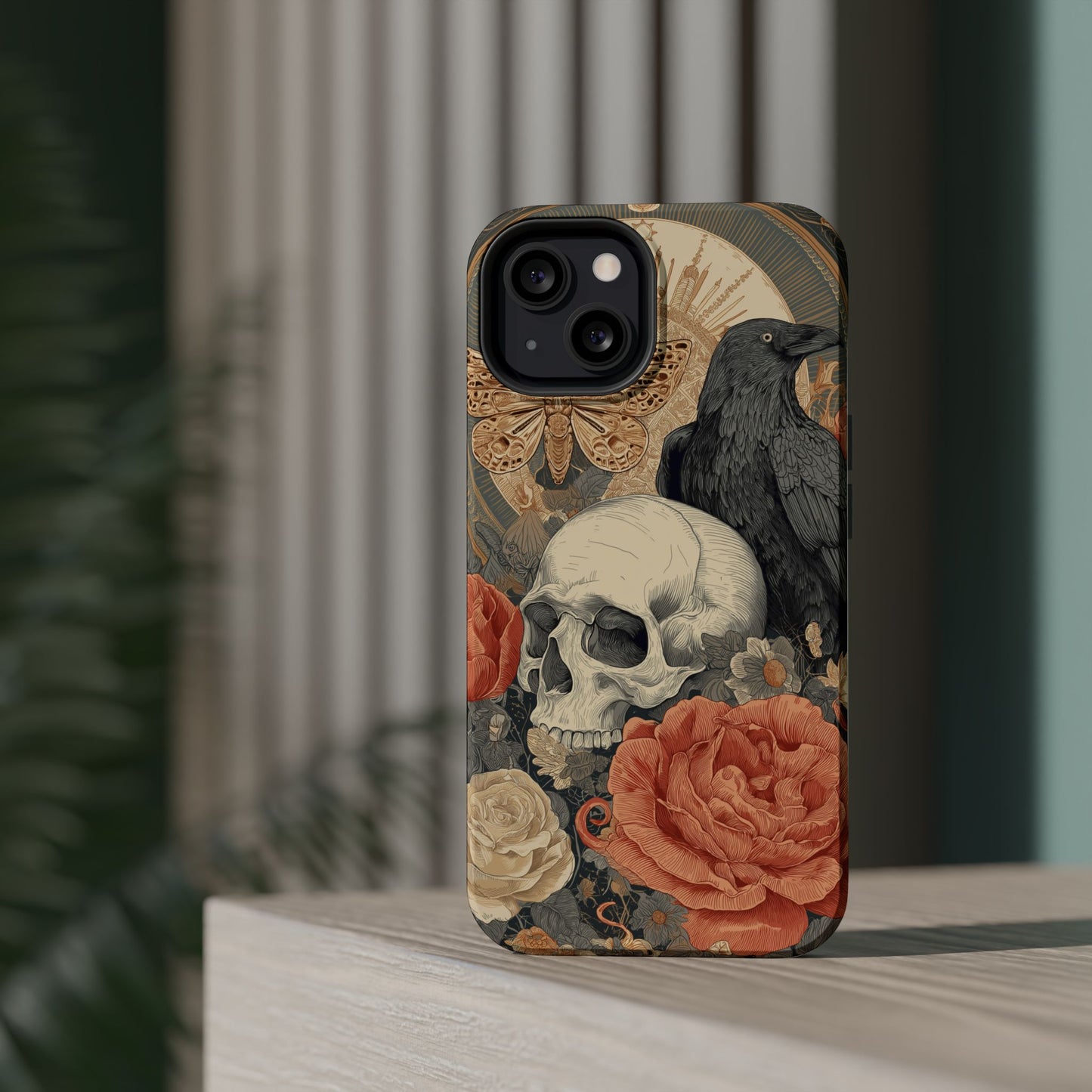 Gothic Skull, Rose & Raven Magnetic Phone Case – Dark Aesthetic Occult Cover, Witchy Horror, Halloween iPhone Case