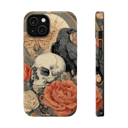 Dark aesthetic phone case featuring skull, rose, and raven artwork