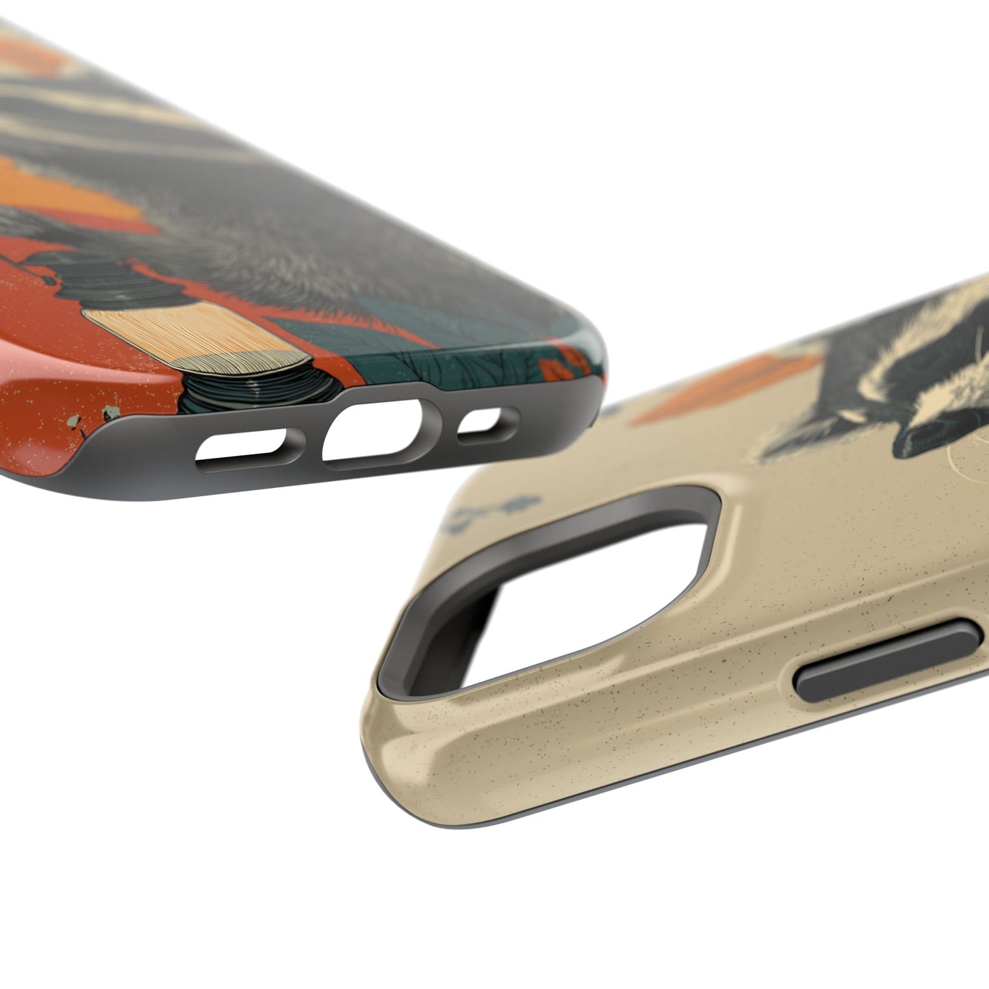 Raccoon phone case close-up showing crisp 300 DPI print quality