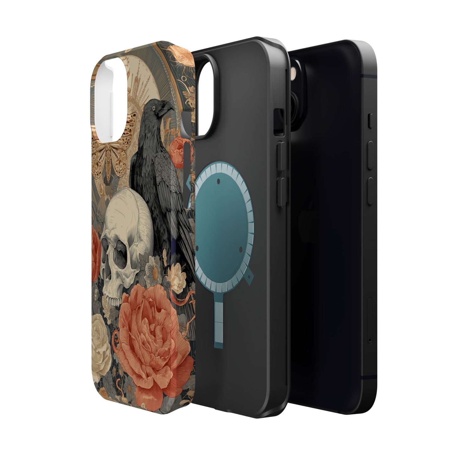 Gothic Skull, Rose & Raven Magnetic Phone Case – Dark Aesthetic Occult Cover, Witchy Horror, Halloween iPhone Case