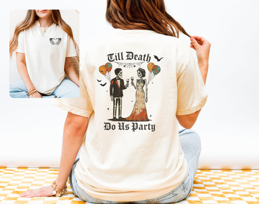 Double-sided Halloween wedding shirt with skeleton bride and groom design