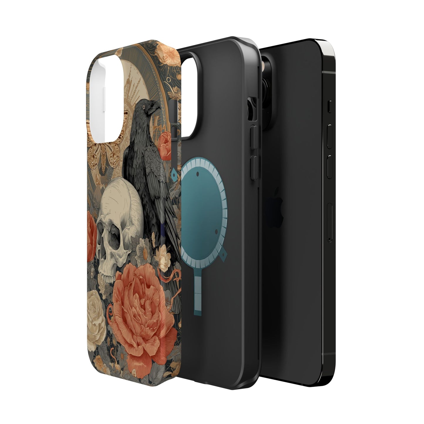 Gothic Skull, Rose & Raven Magnetic Phone Case – Dark Aesthetic Occult Cover, Witchy Horror, Halloween iPhone Case