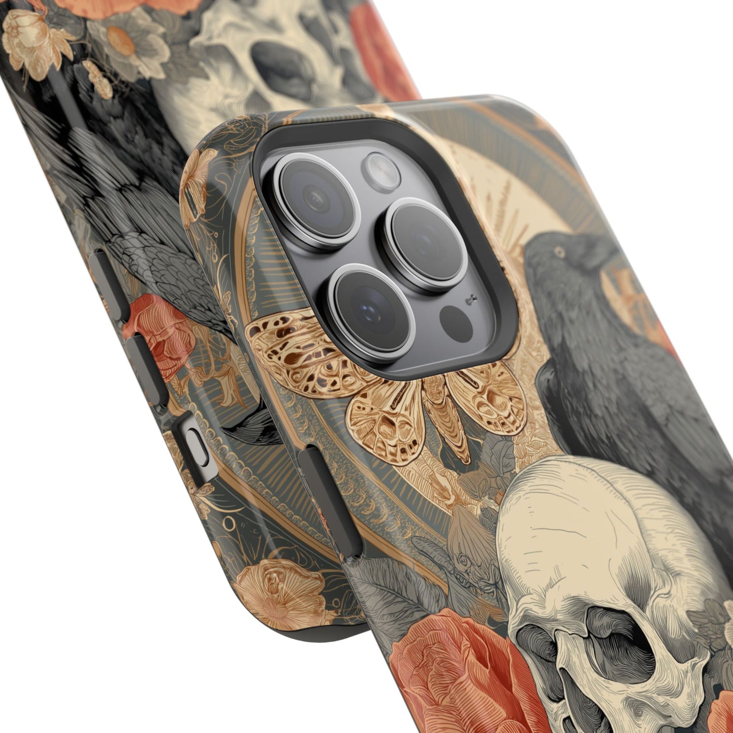 Gothic Skull, Rose & Raven Magnetic Phone Case – Dark Aesthetic Occult Cover, Witchy Horror, Halloween iPhone Case