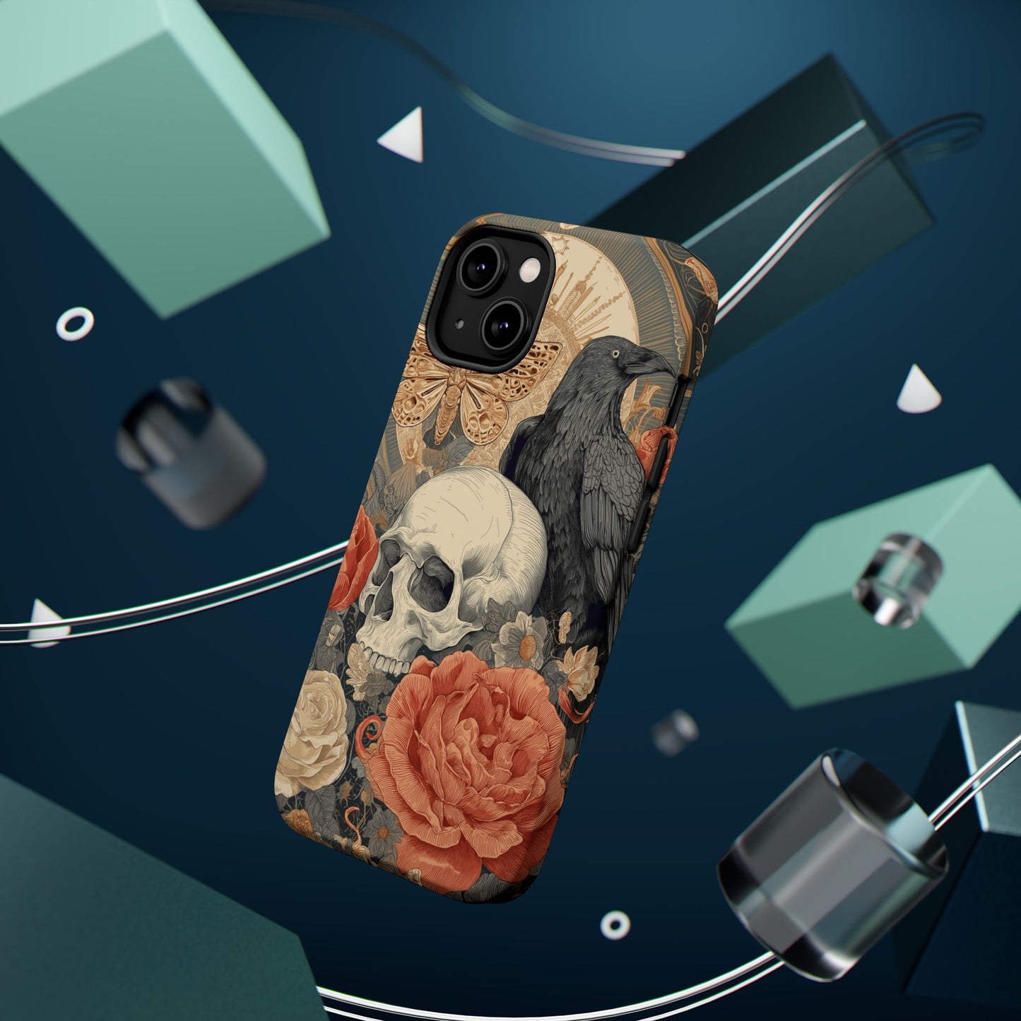 Gothic Skull, Rose & Raven Magnetic Phone Case – Dark Aesthetic Occult Cover, Witchy Horror, Halloween iPhone Case