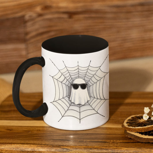 Retro Ghost Mug – Fun Spooky Season Coffee Cup, Halloween Spiderweb Design, 11oz & 15oz