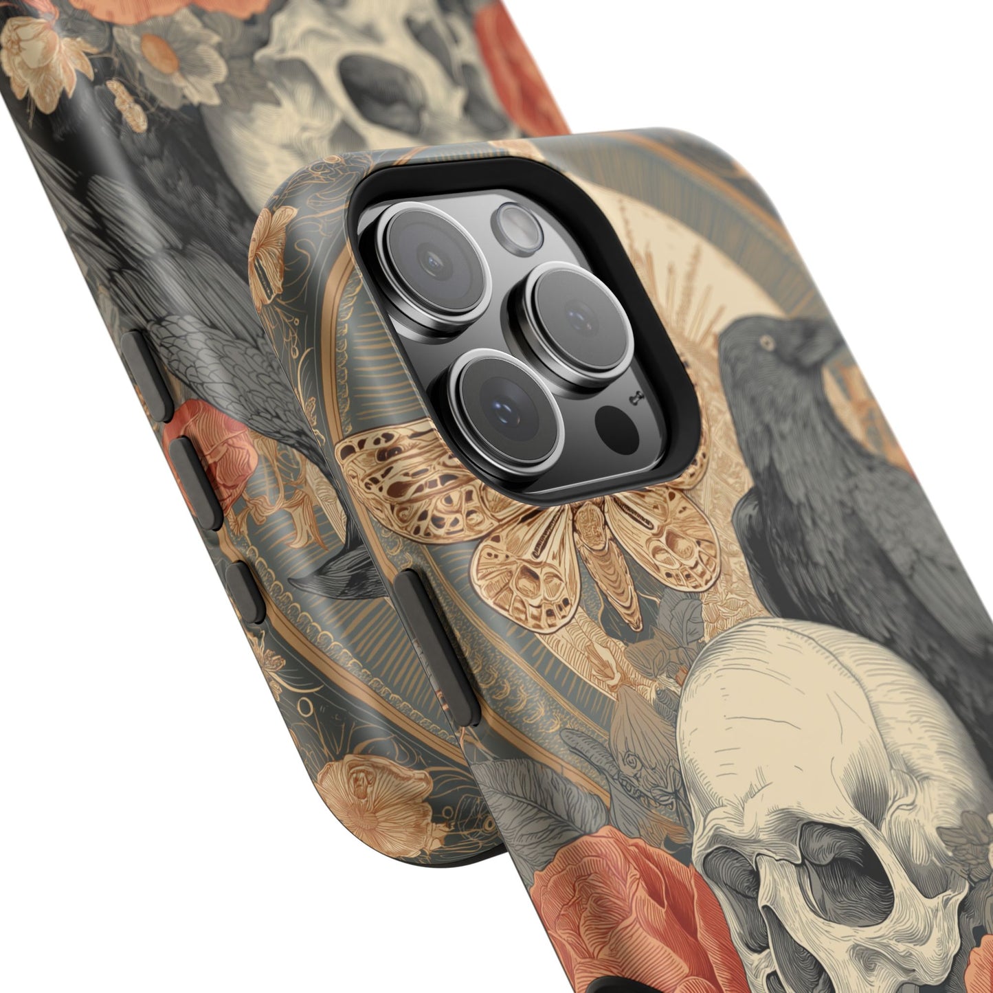 Gothic Skull, Rose & Raven Magnetic Phone Case – Dark Aesthetic Occult Cover, Witchy Horror, Halloween iPhone Case