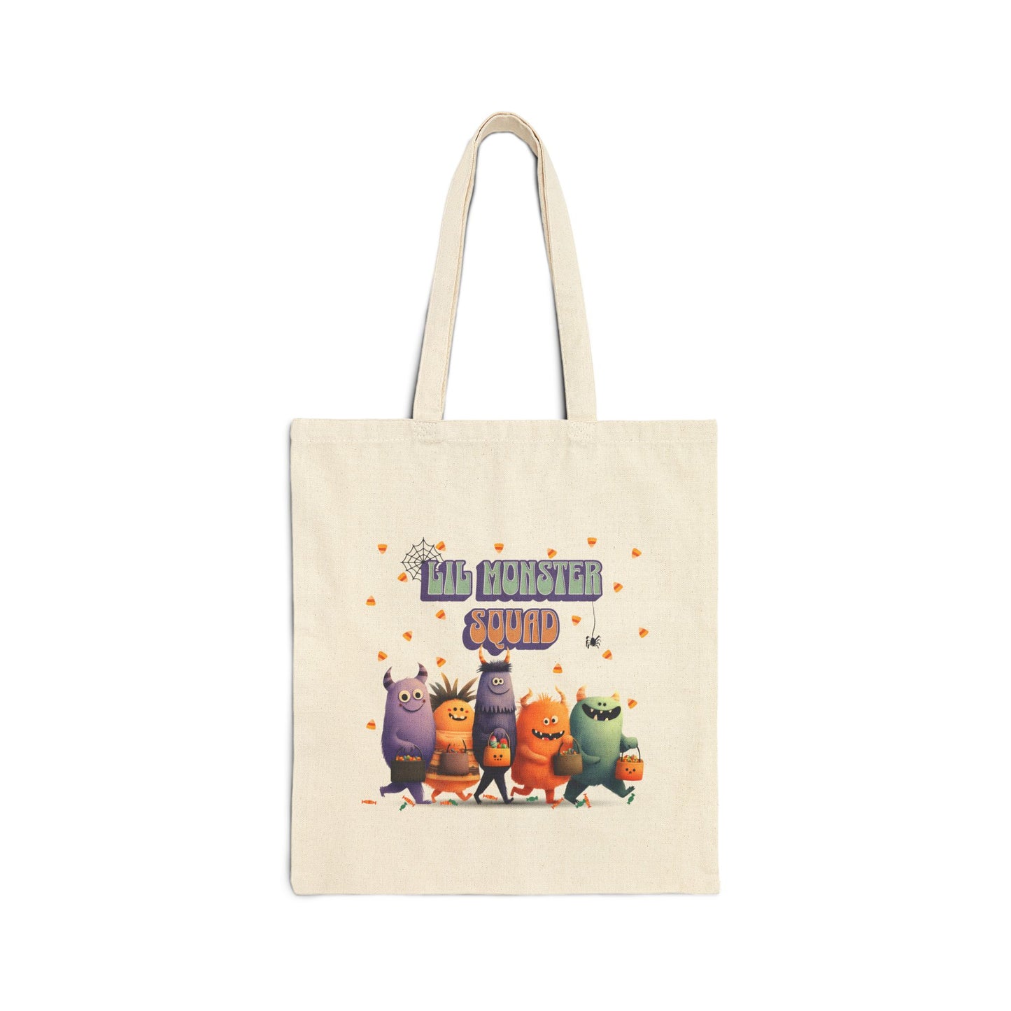 Reusable Halloween candy tote with monster squad design on black bag