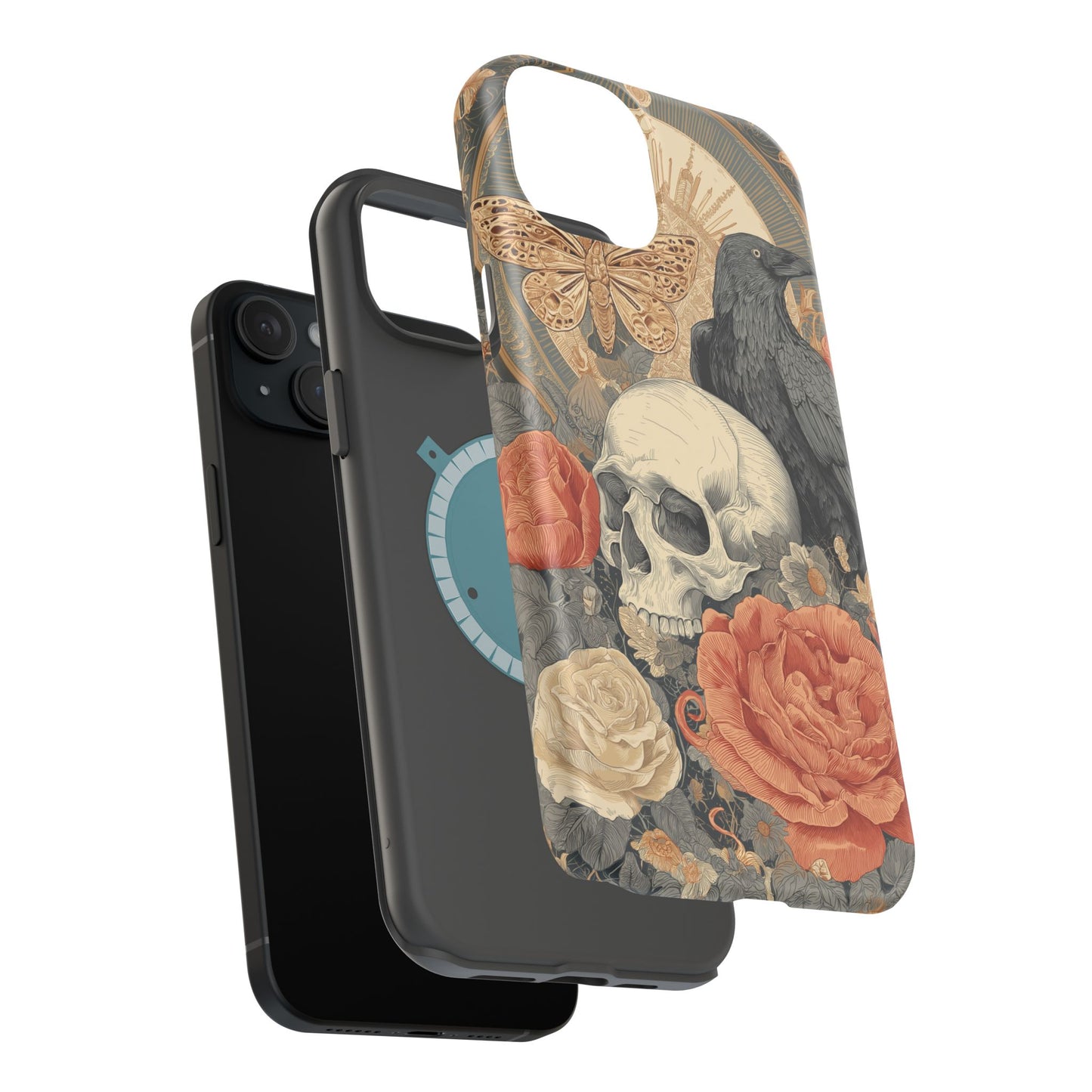 Gothic Skull, Rose & Raven Magnetic Phone Case – Dark Aesthetic Occult Cover, Witchy Horror, Halloween iPhone Case