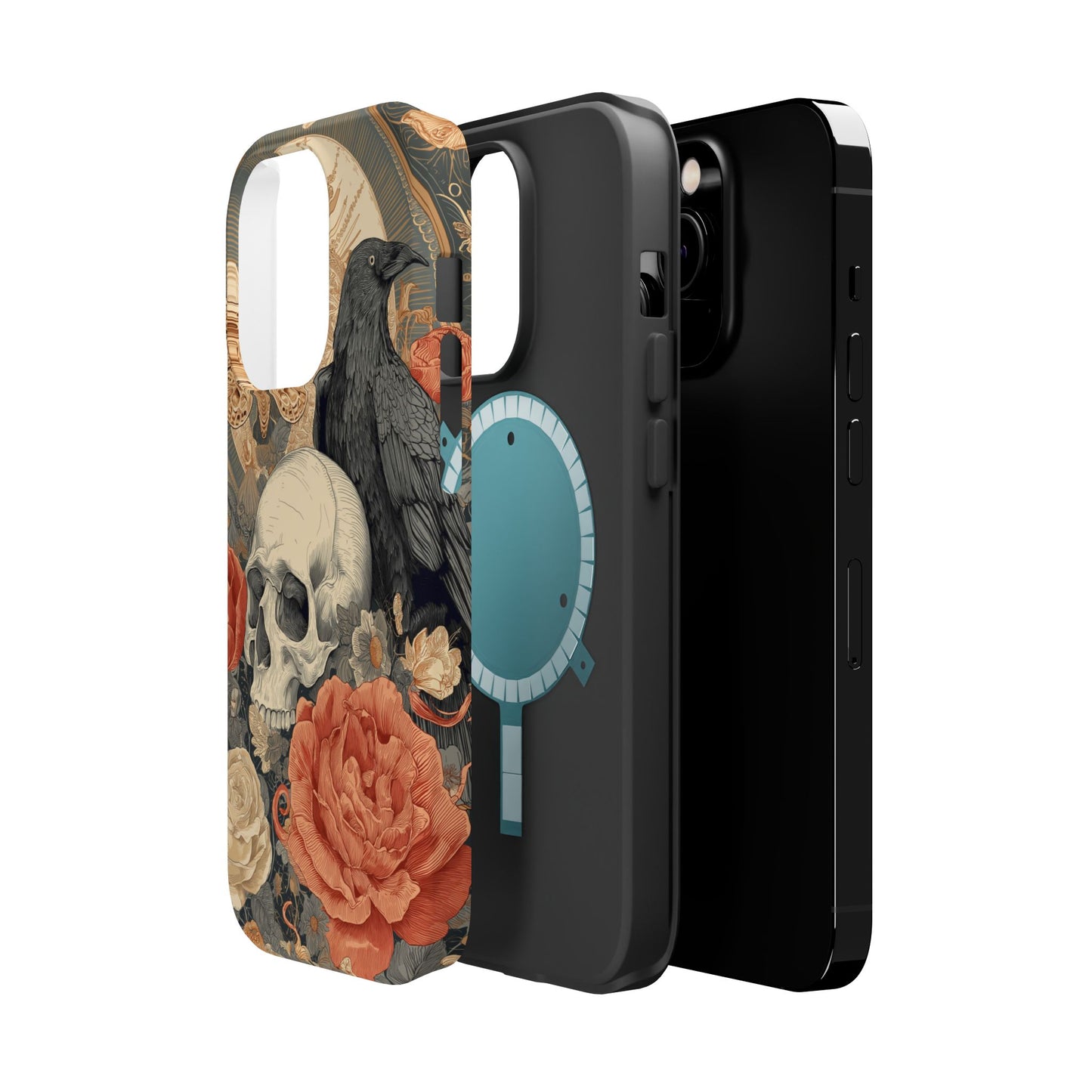 Gothic Skull, Rose & Raven Magnetic Phone Case – Dark Aesthetic Occult Cover, Witchy Horror, Halloween iPhone Case