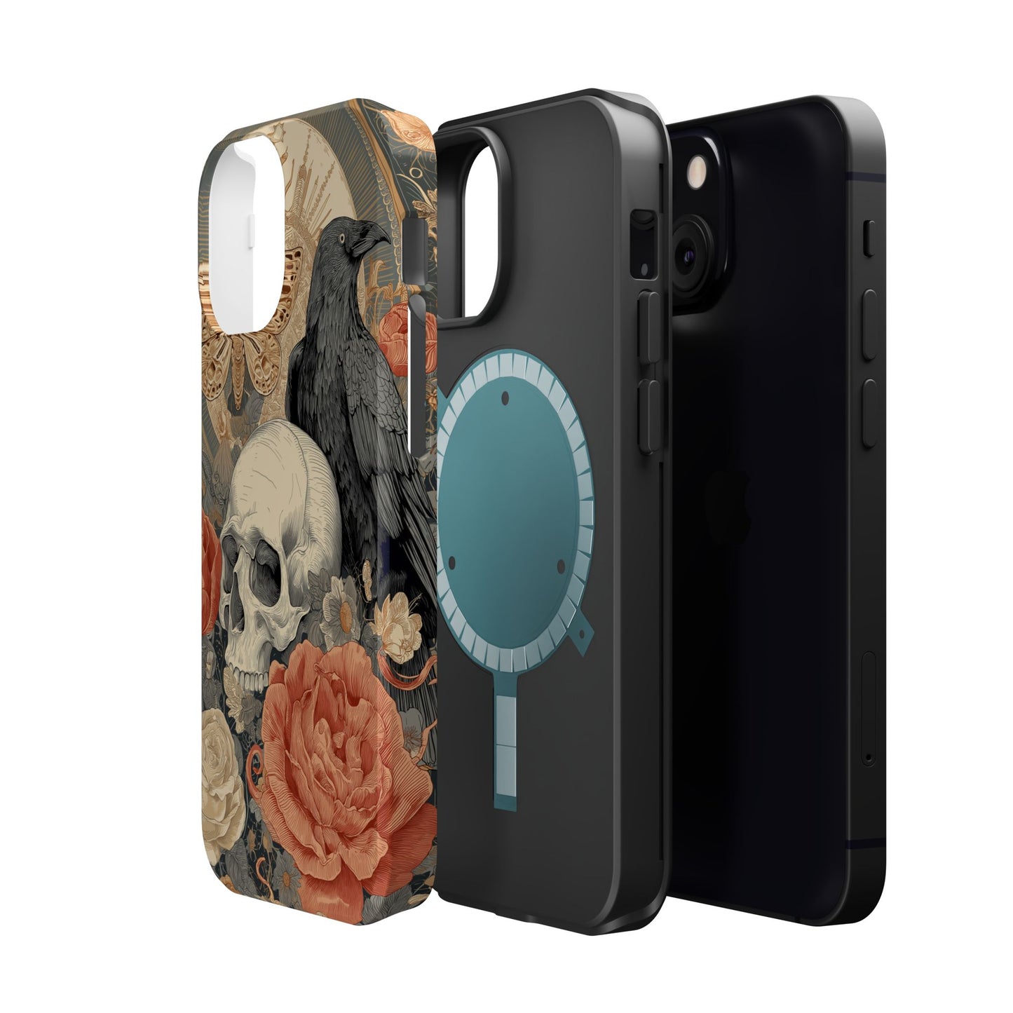 Gothic Skull, Rose & Raven Magnetic Phone Case – Dark Aesthetic Occult Cover, Witchy Horror, Halloween iPhone Case