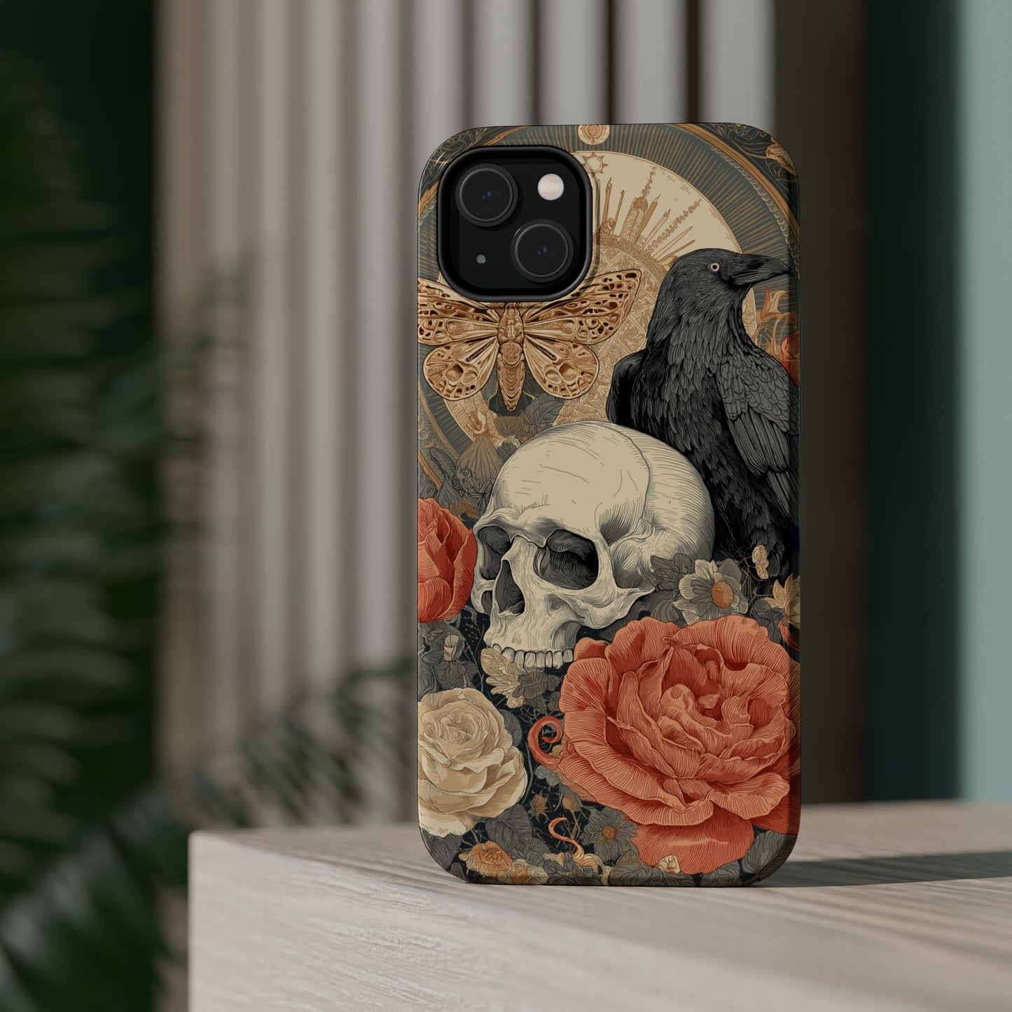 Gothic Skull, Rose & Raven Magnetic Phone Case – Dark Aesthetic Occult Cover, Witchy Horror, Halloween iPhone Case