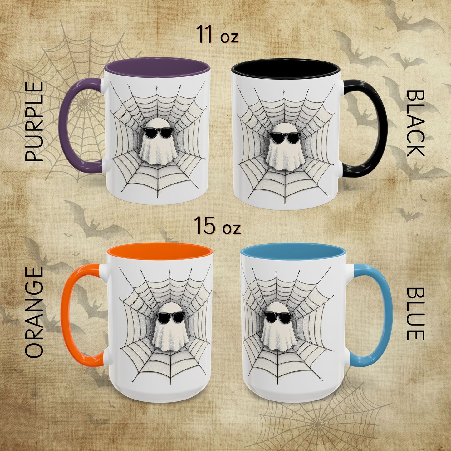 Retro Ghost Mug – Fun Spooky Season Coffee Cup, Halloween Spiderweb Design, 11oz & 15oz