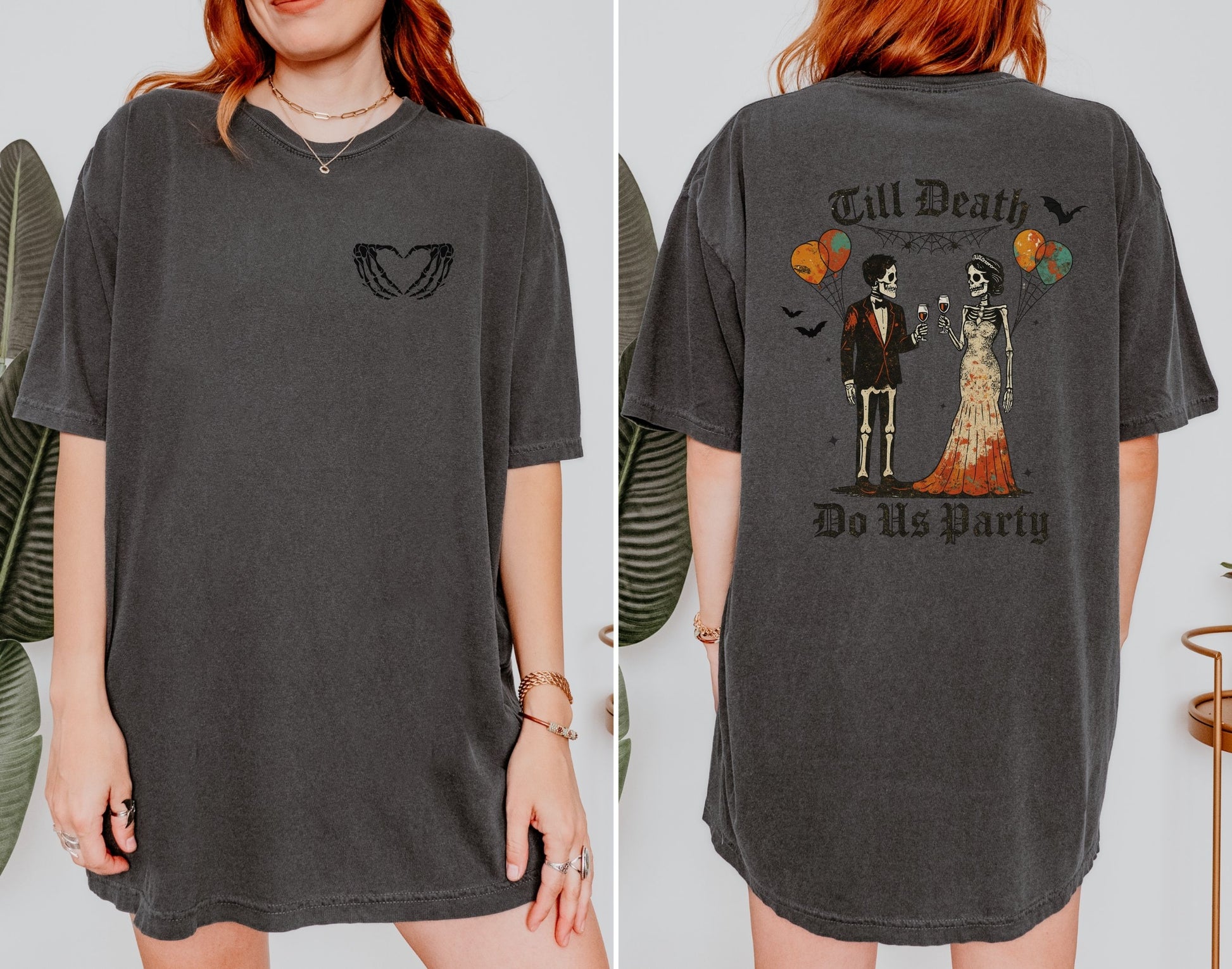 Bride and groom skeleton wedding shirt with front pocket skeleton hand print