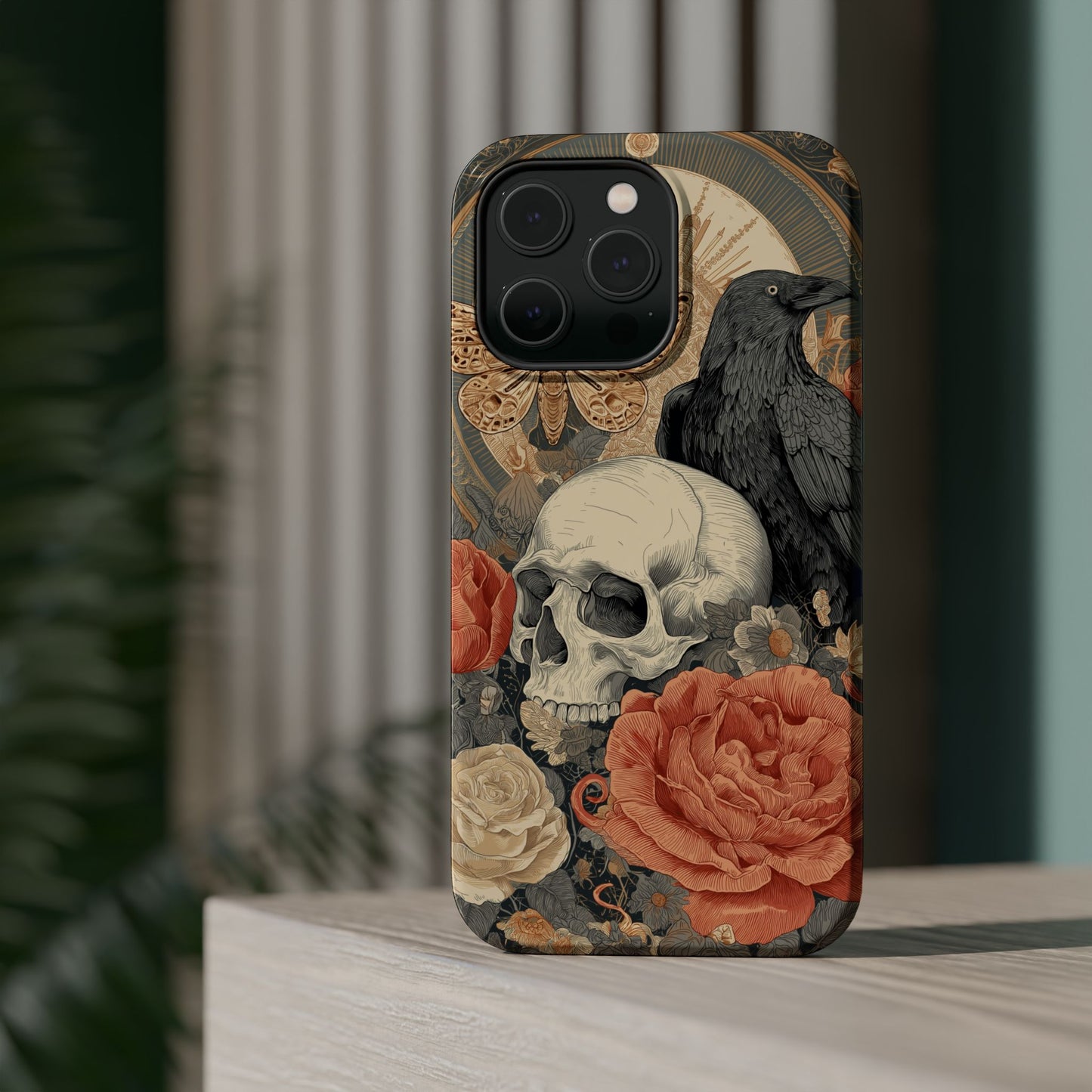Gothic Skull, Rose & Raven Magnetic Phone Case – Dark Aesthetic Occult Cover, Witchy Horror, Halloween iPhone Case