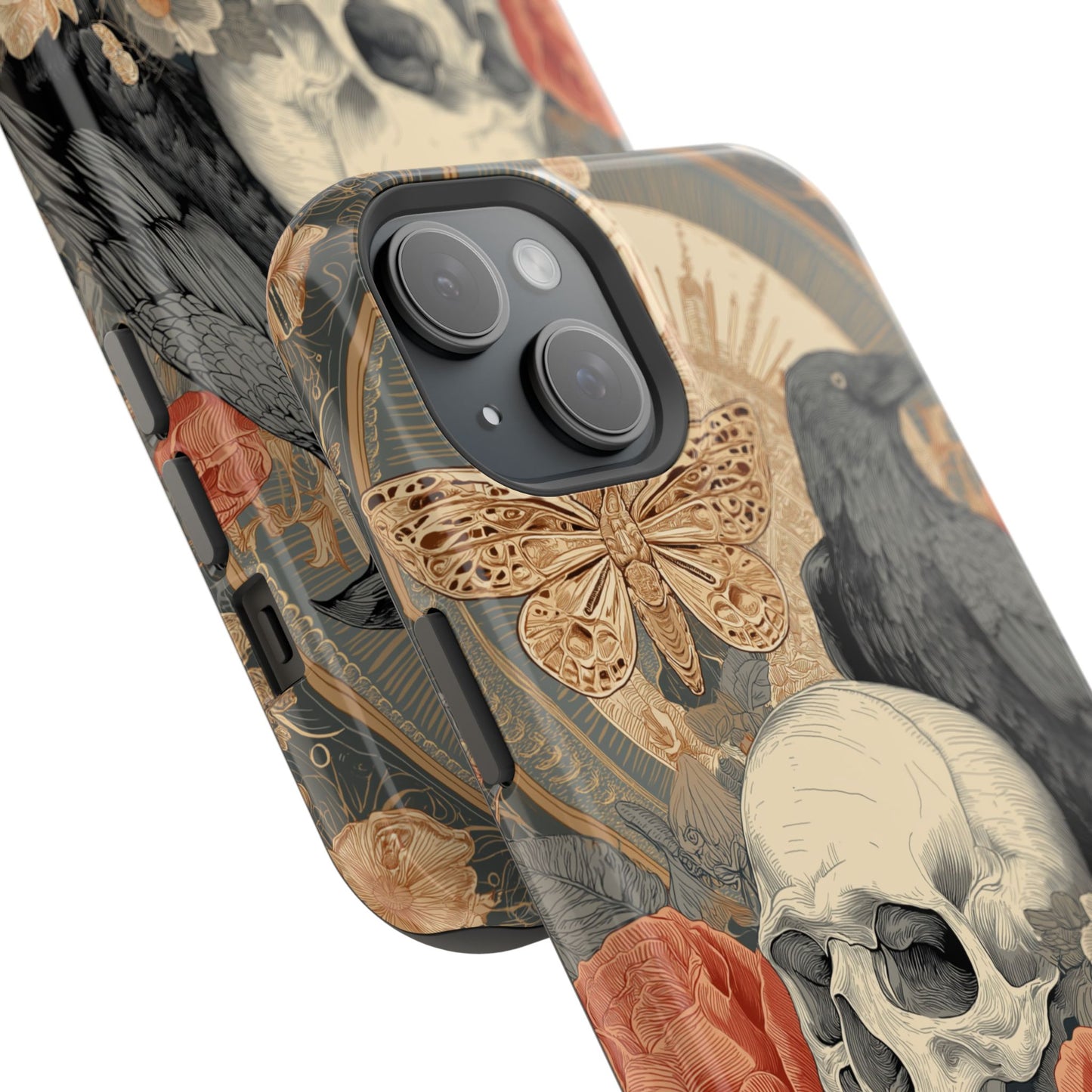 Gothic Skull, Rose & Raven Magnetic Phone Case – Dark Aesthetic Occult Cover, Witchy Horror, Halloween iPhone Case