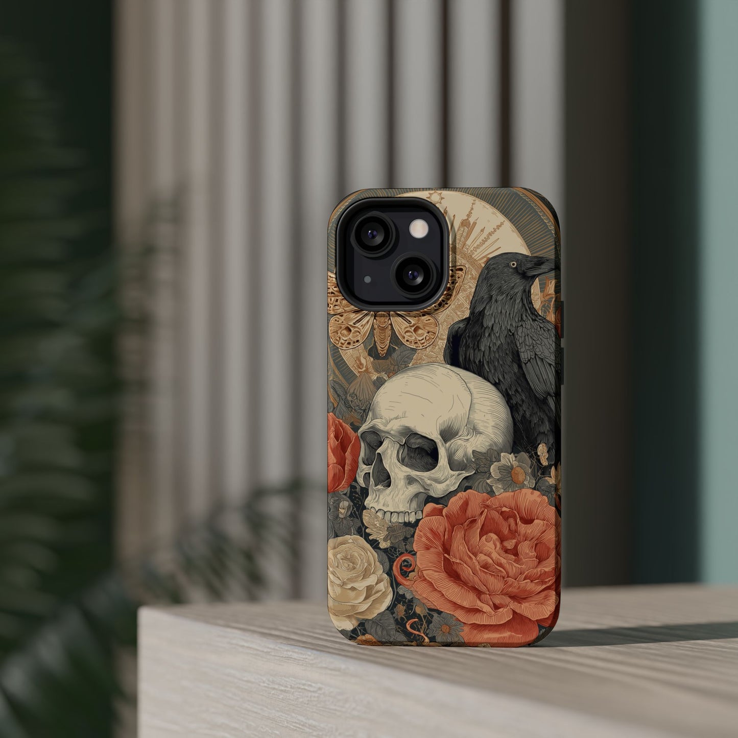 Gothic Skull, Rose & Raven Magnetic Phone Case – Dark Aesthetic Occult Cover, Witchy Horror, Halloween iPhone Case