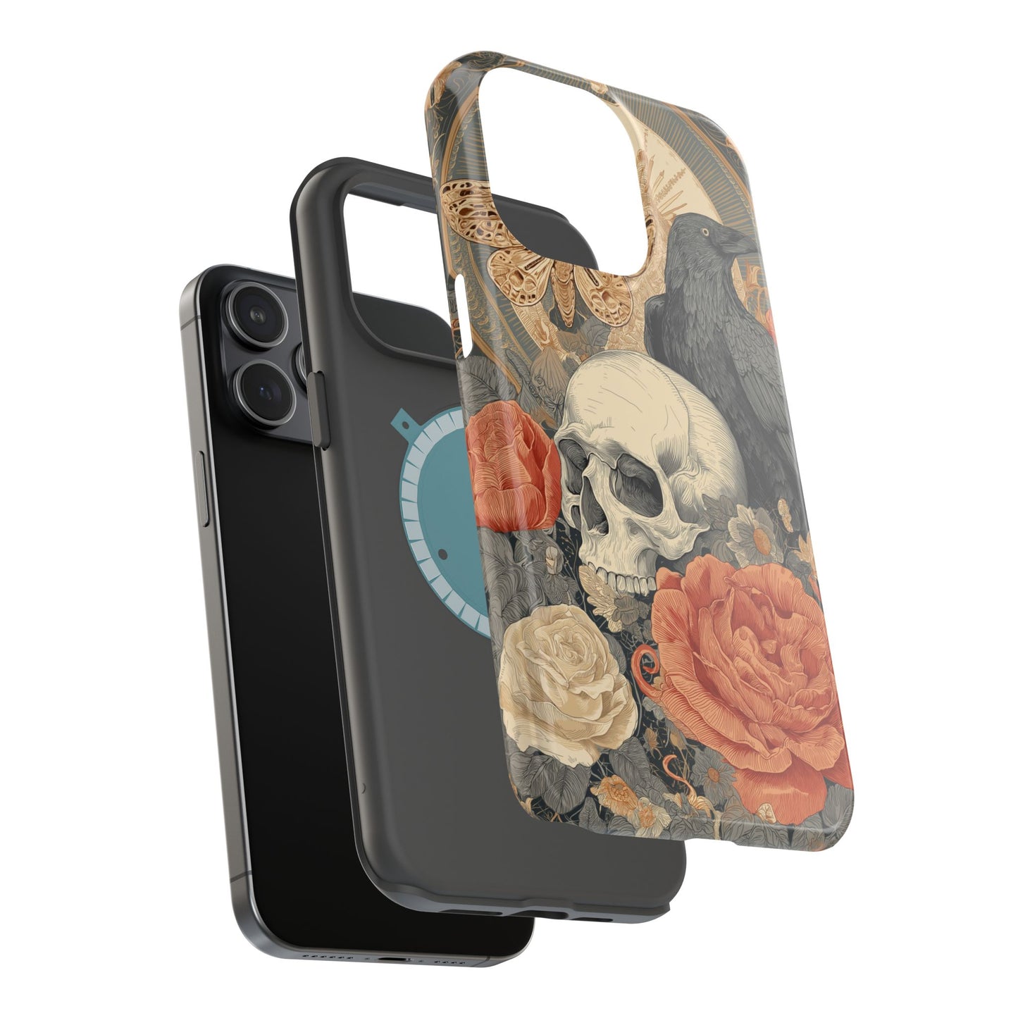 Gothic Skull, Rose & Raven Magnetic Phone Case – Dark Aesthetic Occult Cover, Witchy Horror, Halloween iPhone Case