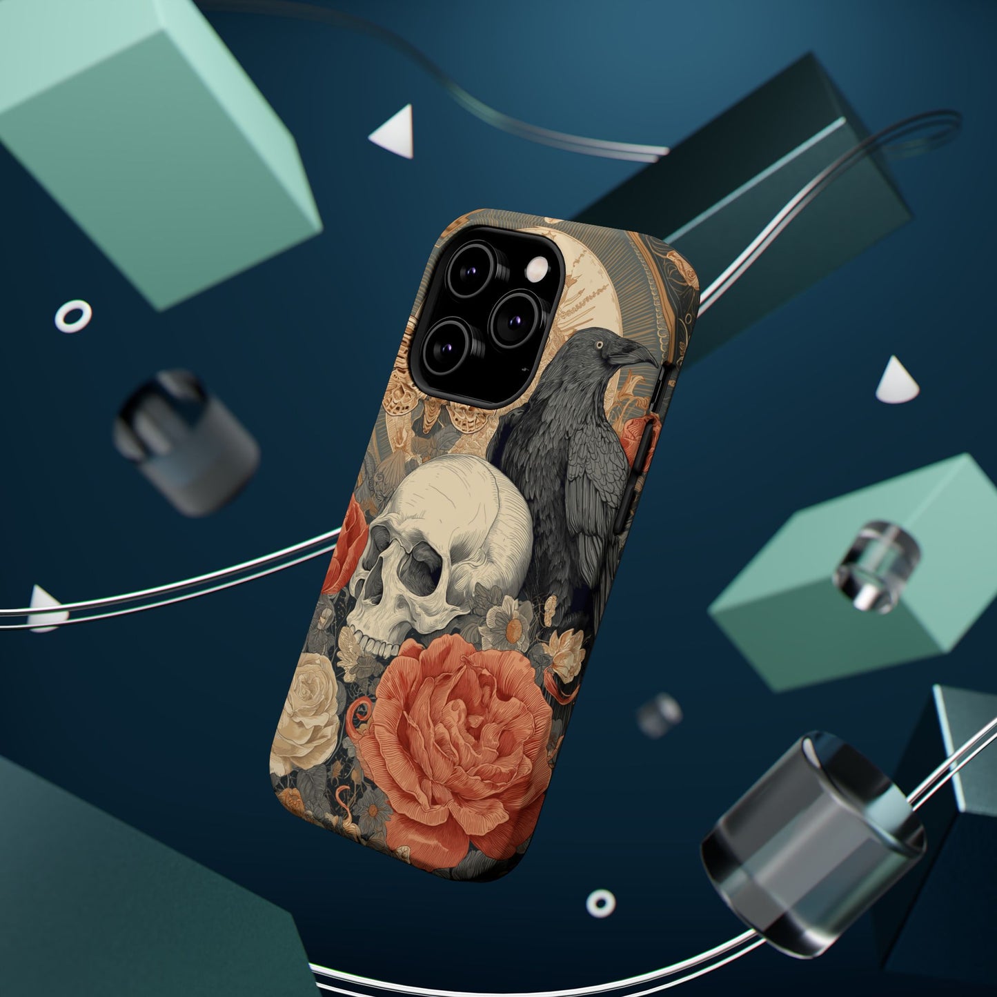 Gothic Skull, Rose & Raven Magnetic Phone Case – Dark Aesthetic Occult Cover, Witchy Horror, Halloween iPhone Case