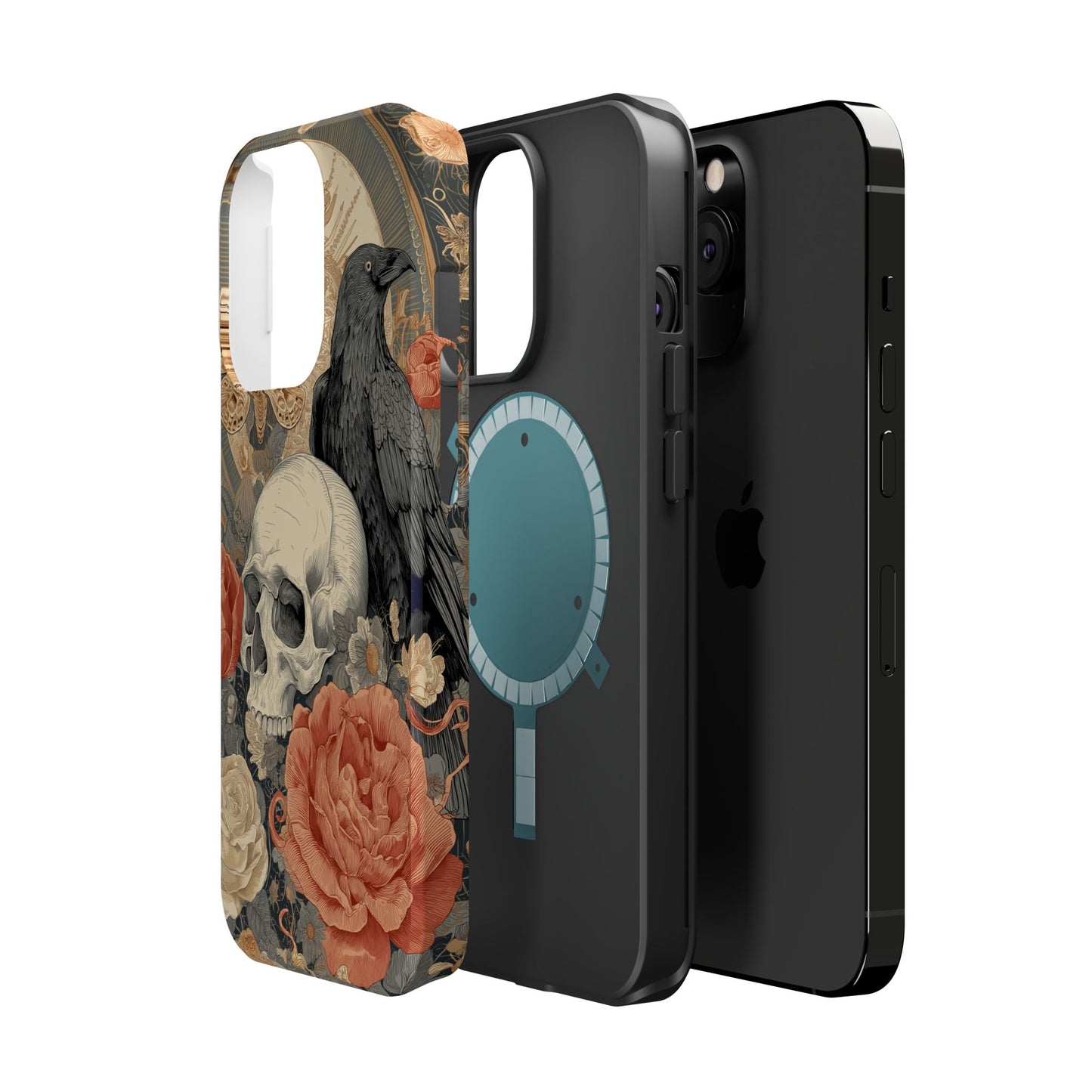 Gothic Skull, Rose & Raven Magnetic Phone Case – Dark Aesthetic Occult Cover, Witchy Horror, Halloween iPhone Case