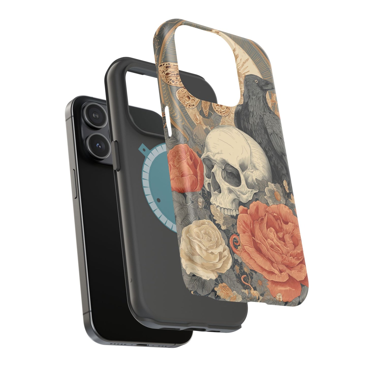 Gothic Skull, Rose & Raven Magnetic Phone Case – Dark Aesthetic Occult Cover, Witchy Horror, Halloween iPhone Case