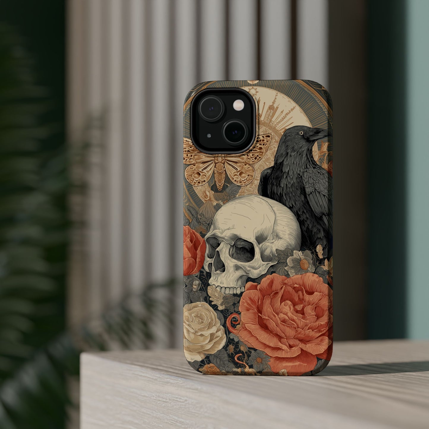 Gothic Skull, Rose & Raven Magnetic Phone Case – Dark Aesthetic Occult Cover, Witchy Horror, Halloween iPhone Case
