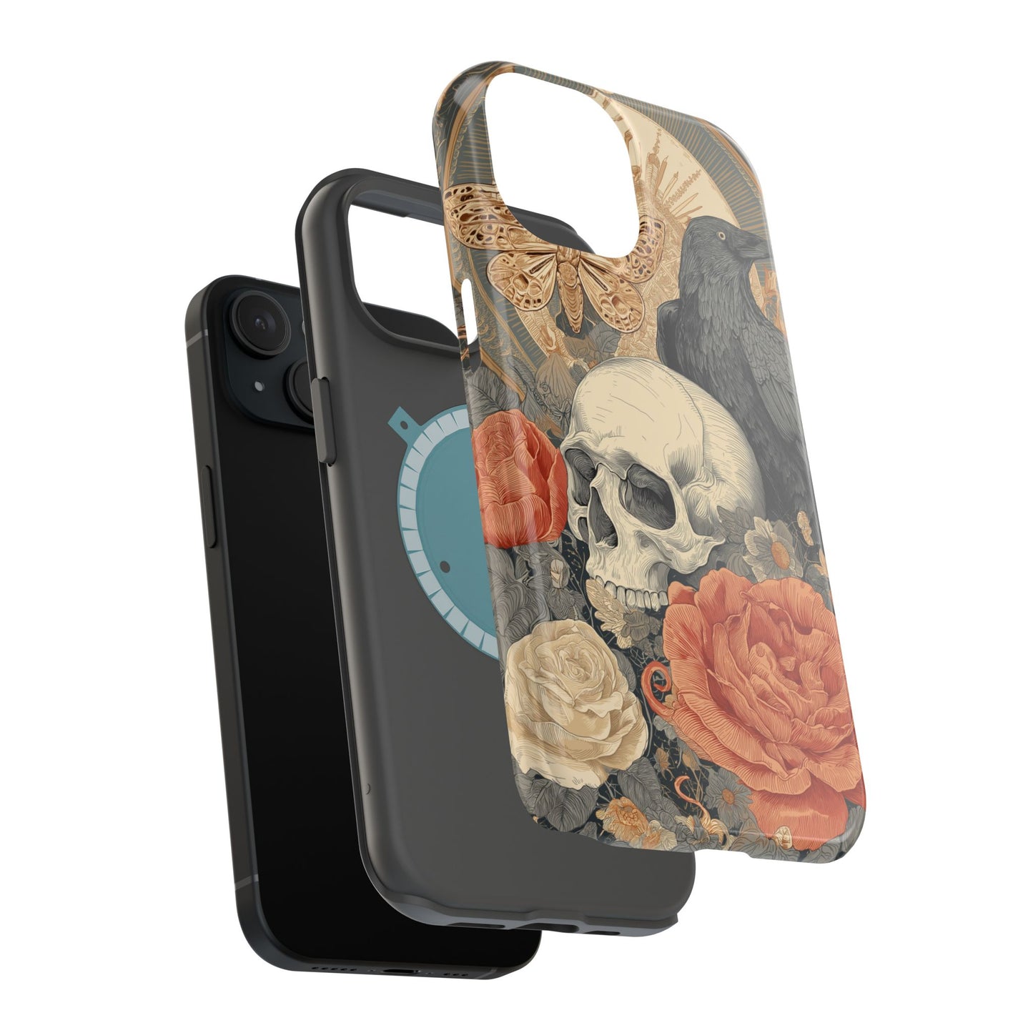 Gothic Skull, Rose & Raven Magnetic Phone Case – Dark Aesthetic Occult Cover, Witchy Horror, Halloween iPhone Case