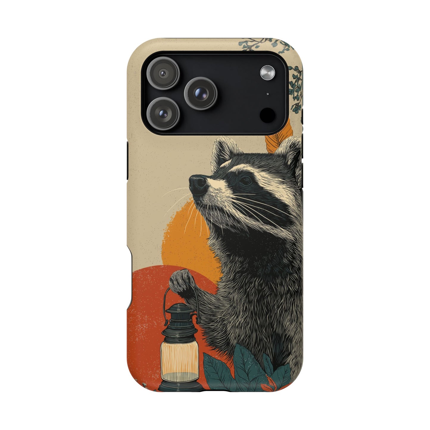Dual-layer raccoon phone case with lantern, nature-inspired art