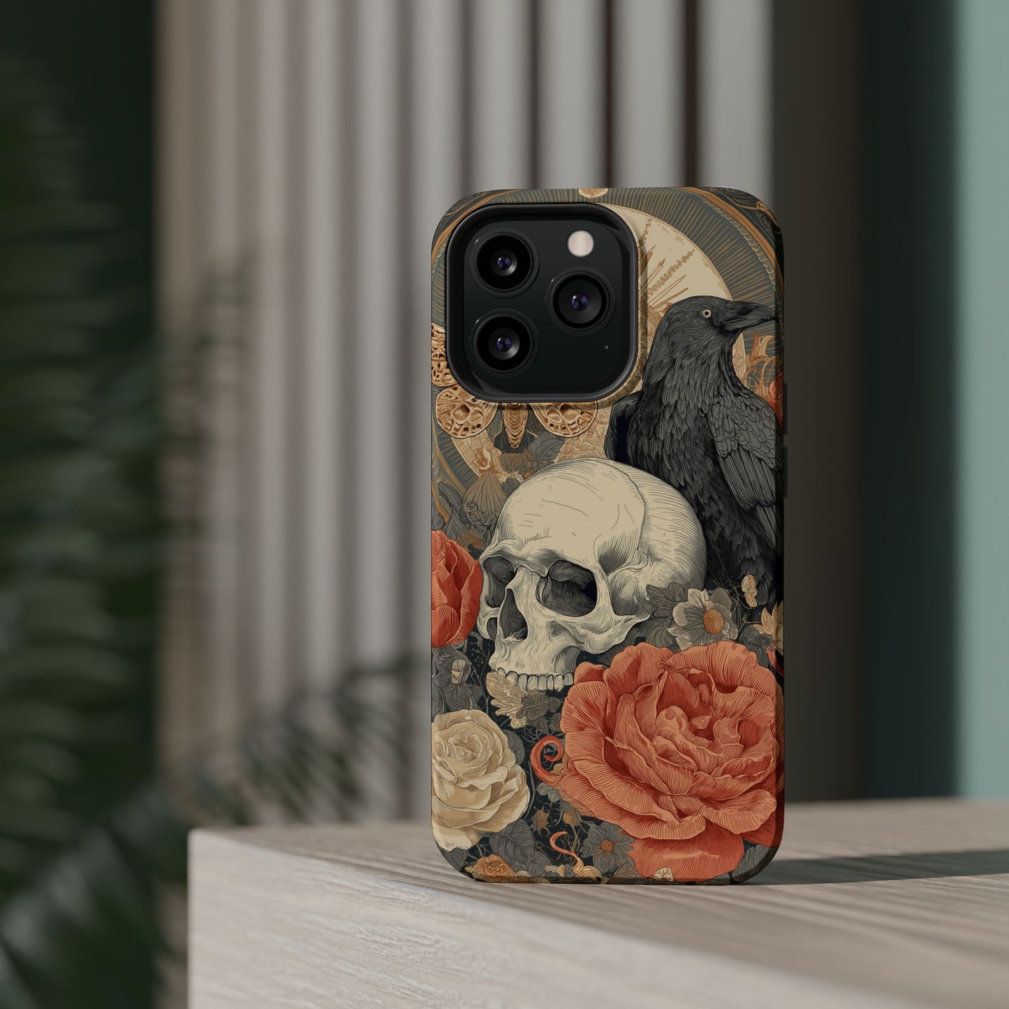 Gothic Skull, Rose & Raven Magnetic Phone Case – Dark Aesthetic Occult Cover, Witchy Horror, Halloween iPhone Case