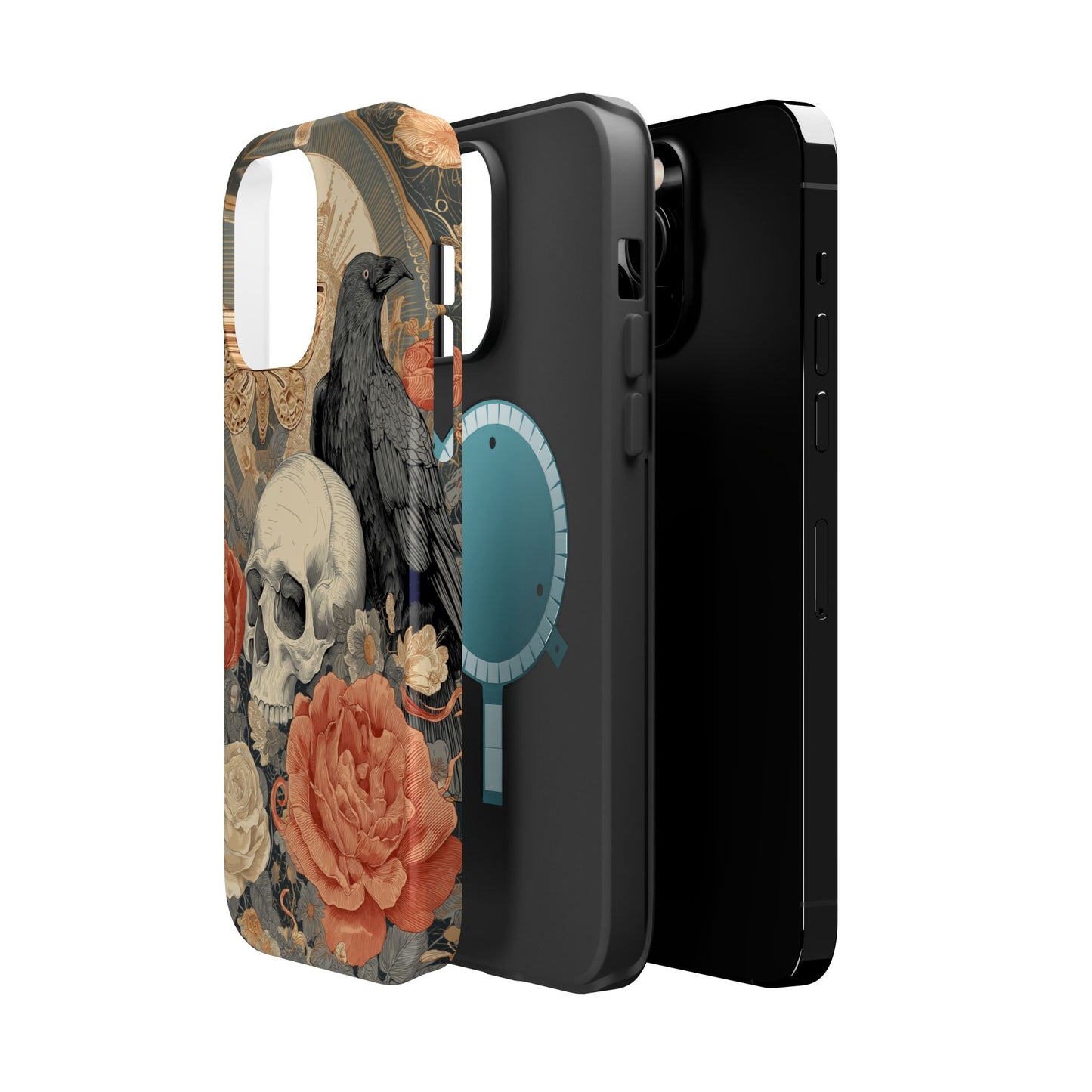 Gothic Skull, Rose & Raven Magnetic Phone Case – Dark Aesthetic Occult Cover, Witchy Horror, Halloween iPhone Case