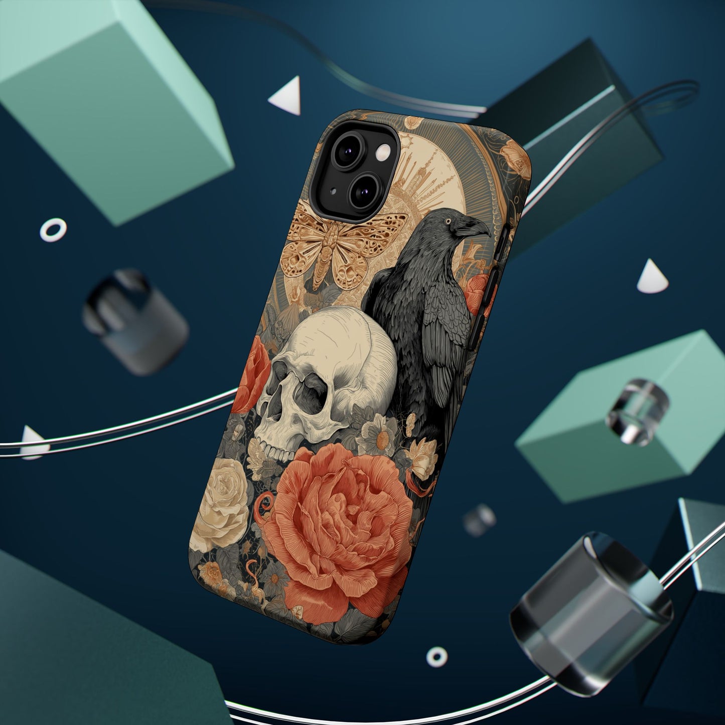 Gothic Skull, Rose & Raven Magnetic Phone Case – Dark Aesthetic Occult Cover, Witchy Horror, Halloween iPhone Case