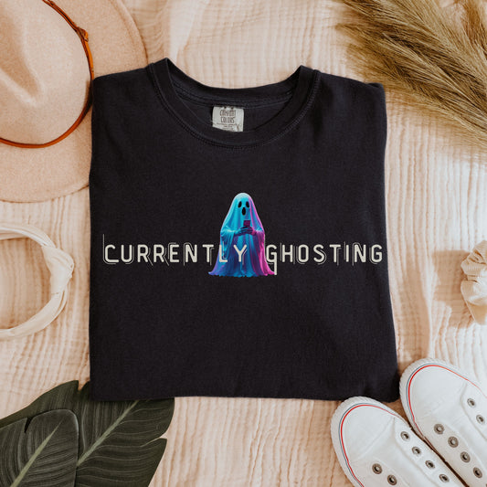 Currently Ghosting Tee – Funny Ghost Shirt for Introverts – Pastel Ghost with Phone – Spooky Cute Halloween Top